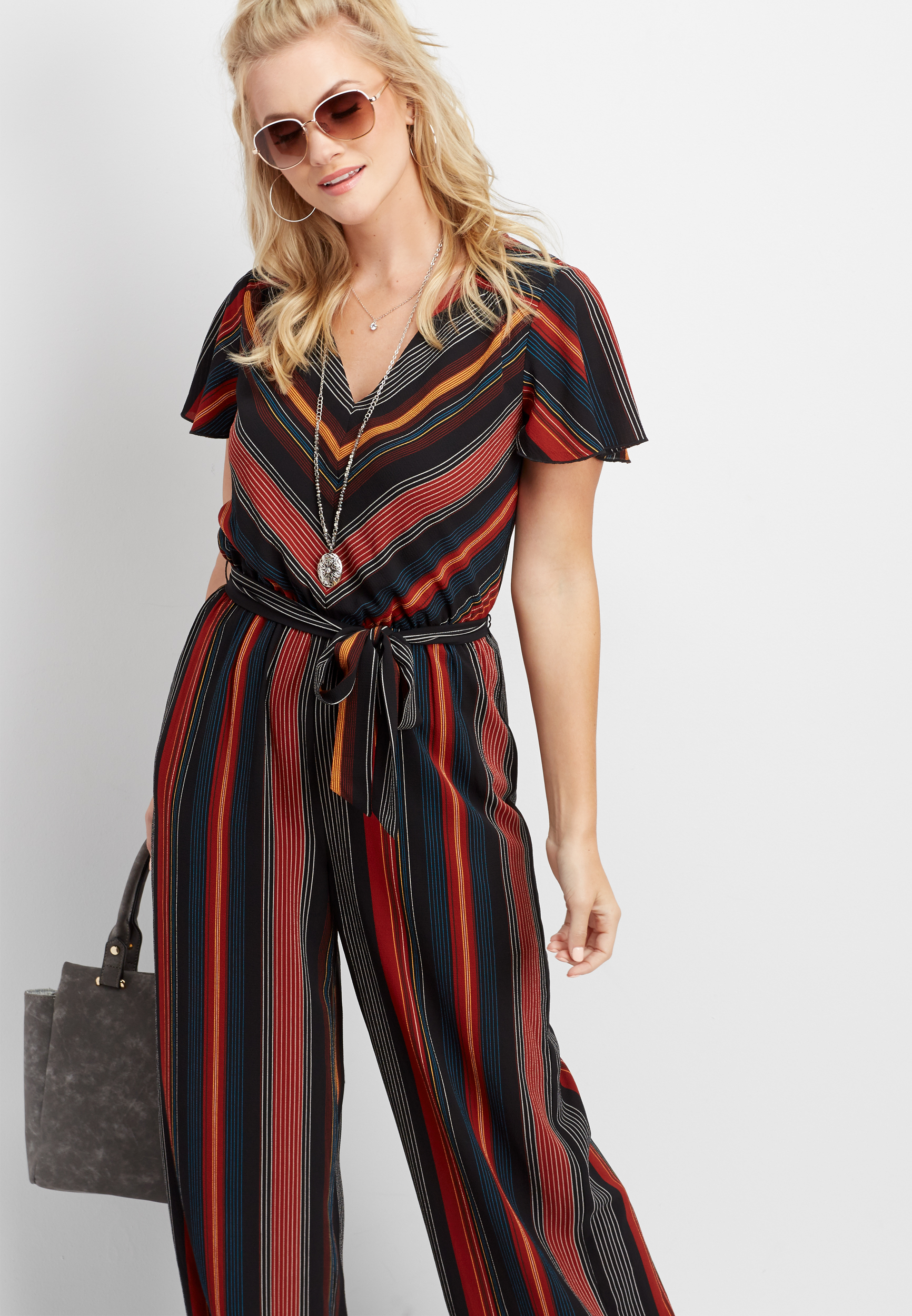 Monki Pinstripe Zip Up Tie Waist Jumpsuit - ShopperBoard