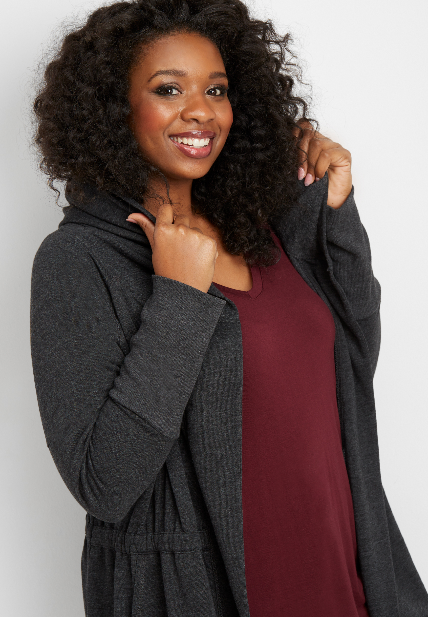 plus size charcoal cinched waist hooded cardigan | maurices