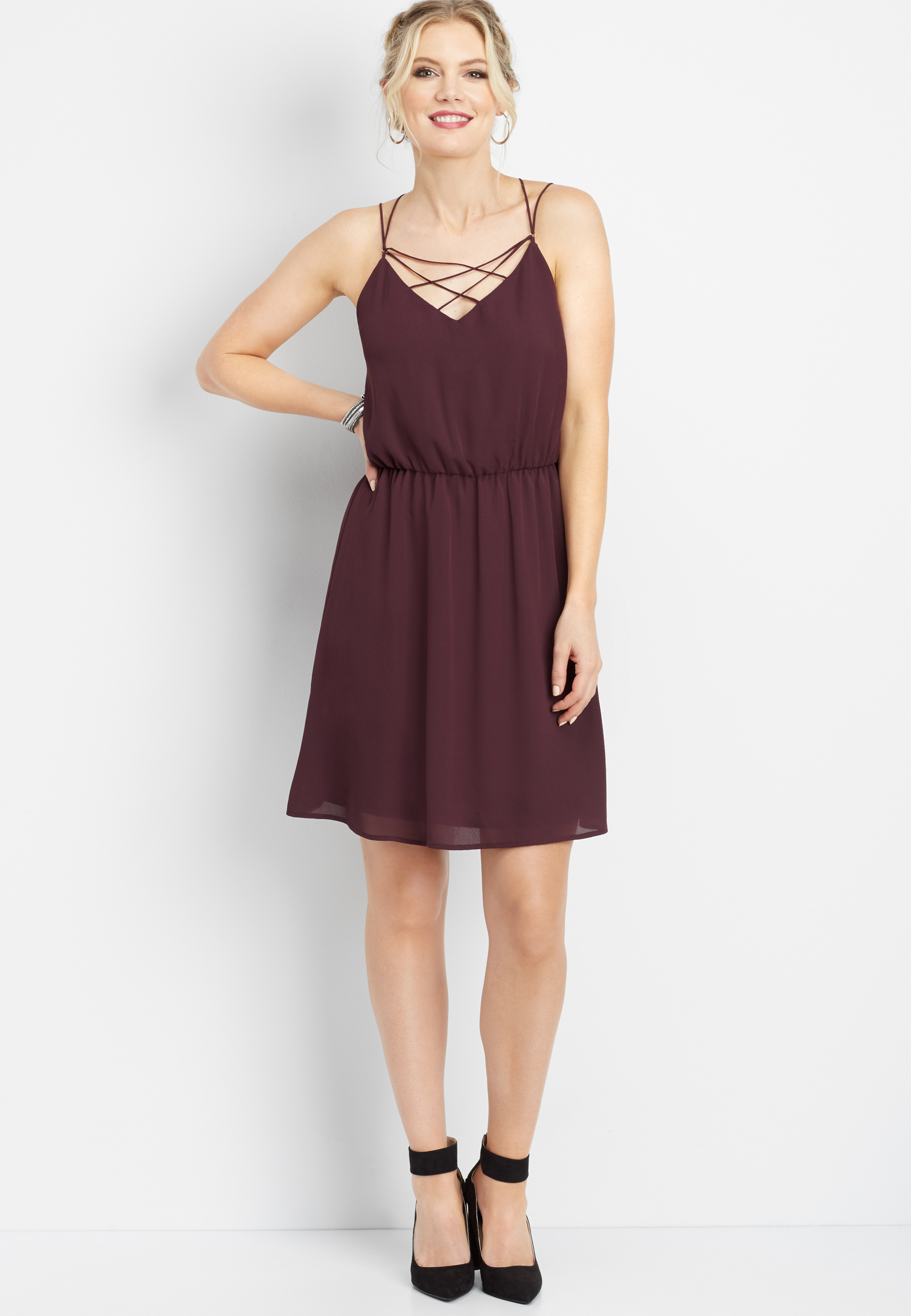 burgundy strappy skater dress Stylish Satin Skater Dress main image 1