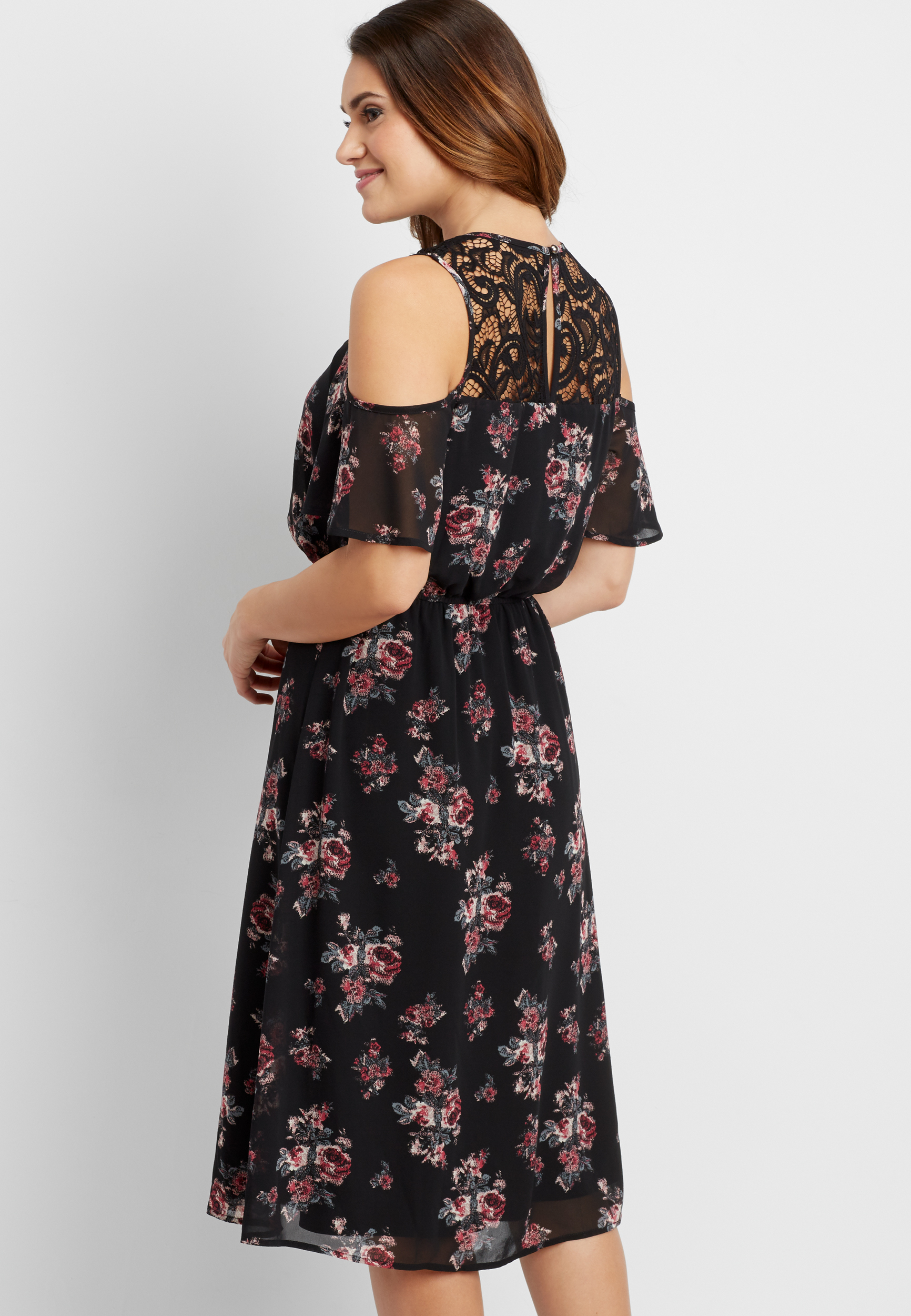 floral print chiffon midi dress with lace and cold shoulders