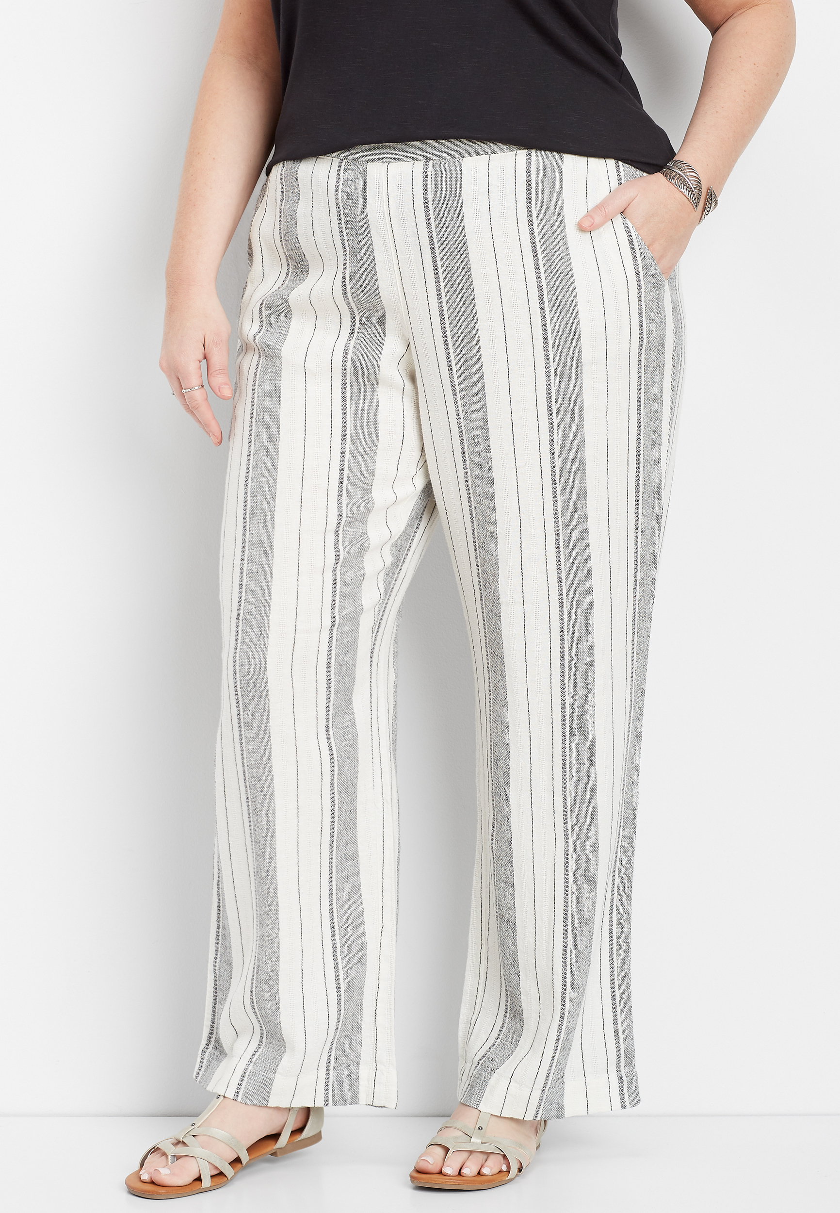 plus size linen white stripe pull on wide leg pant