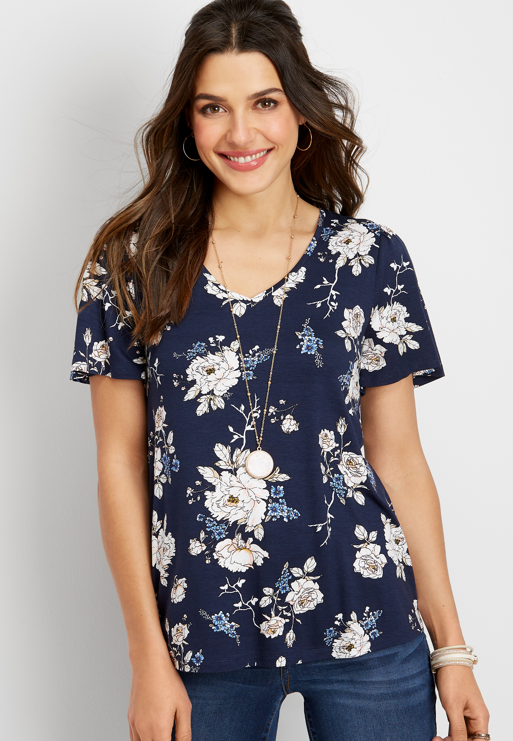 MAZE AUGUSTUS FLORAL V-NECK TEE - PLUM