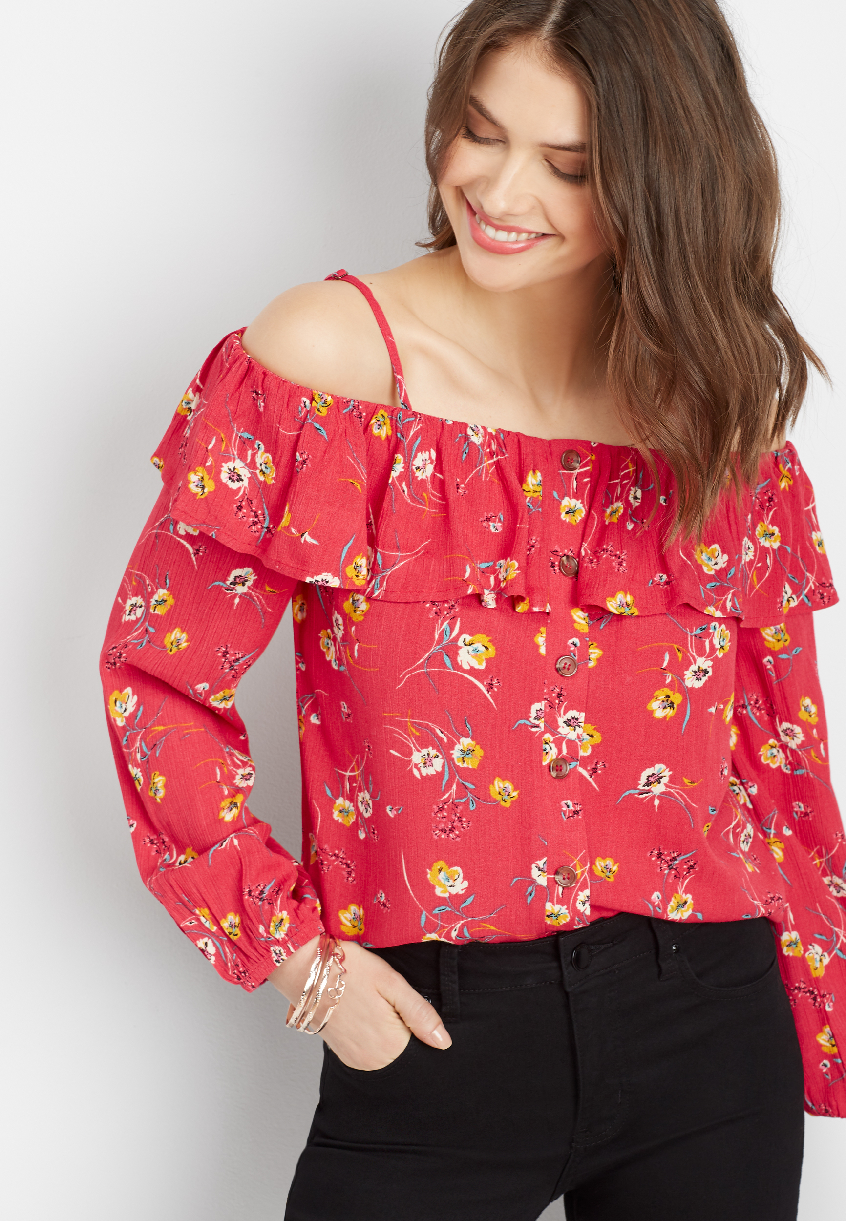 Floral print discount cold shoulder top