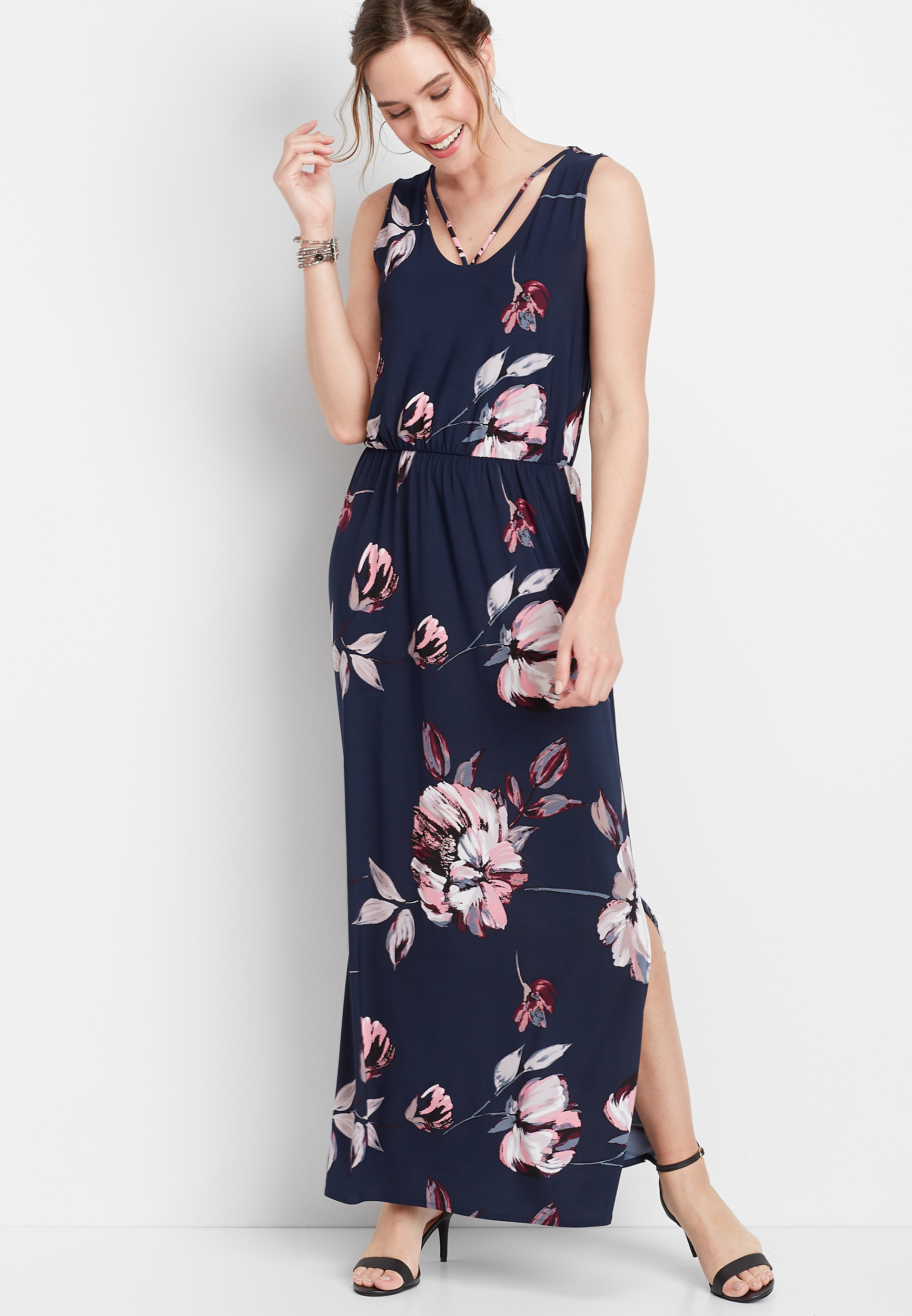 strappy neck floral maxi dress | maurices