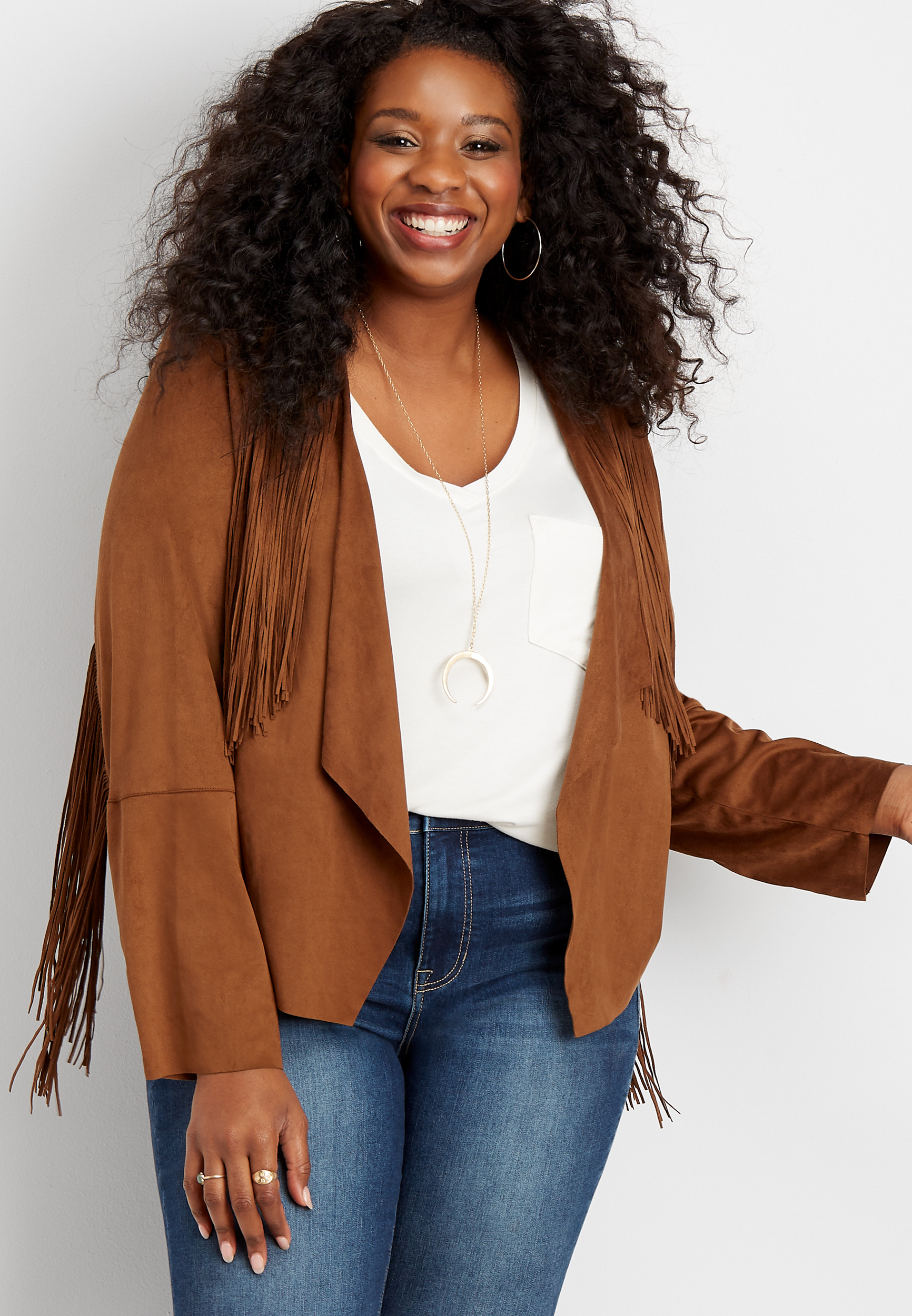 plus size Silver Jeans Co. faux suede fringe jacket maurices