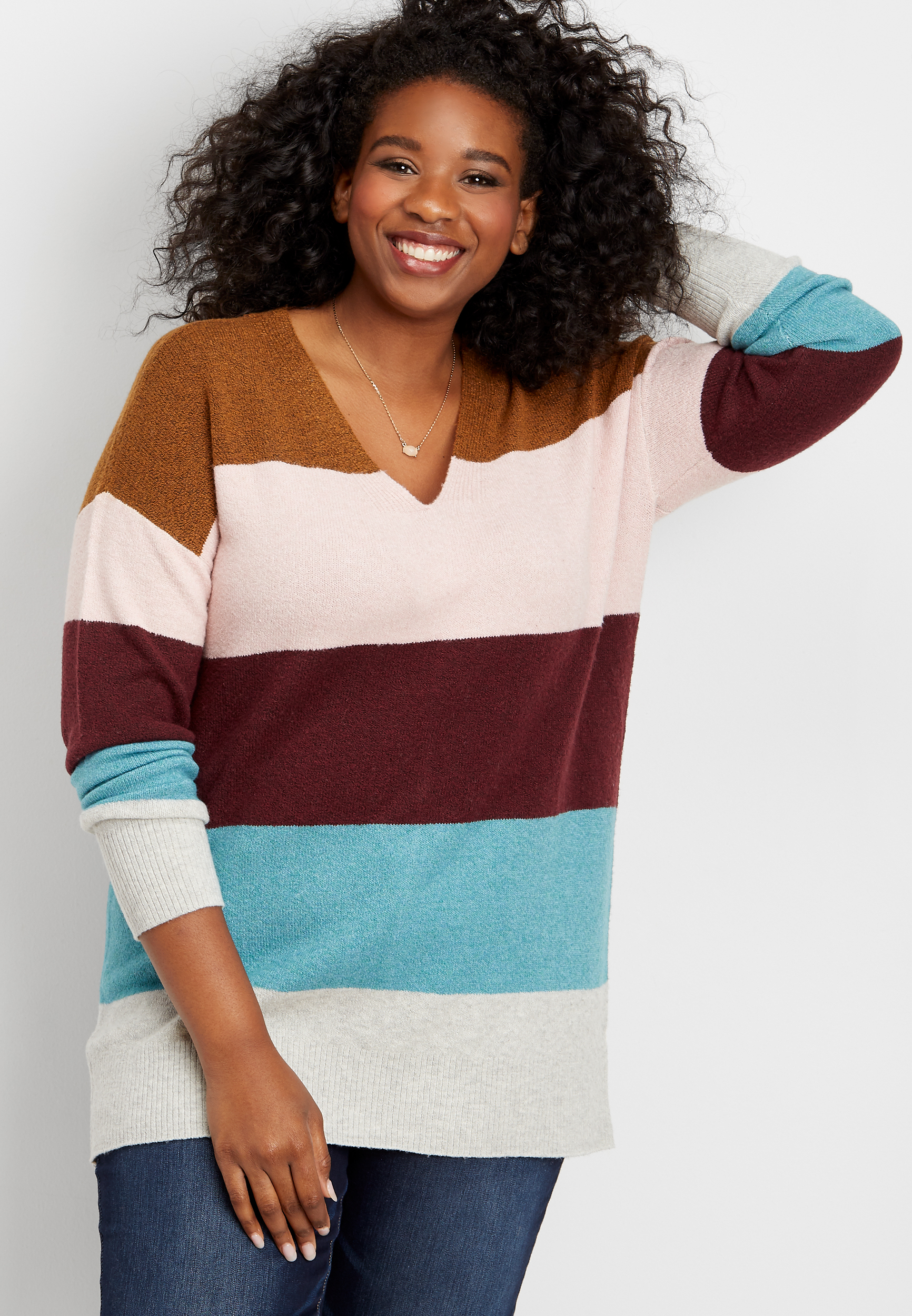 Brown Plus Size Color Block Patchwork Knotted Back Loose Fit Sweater