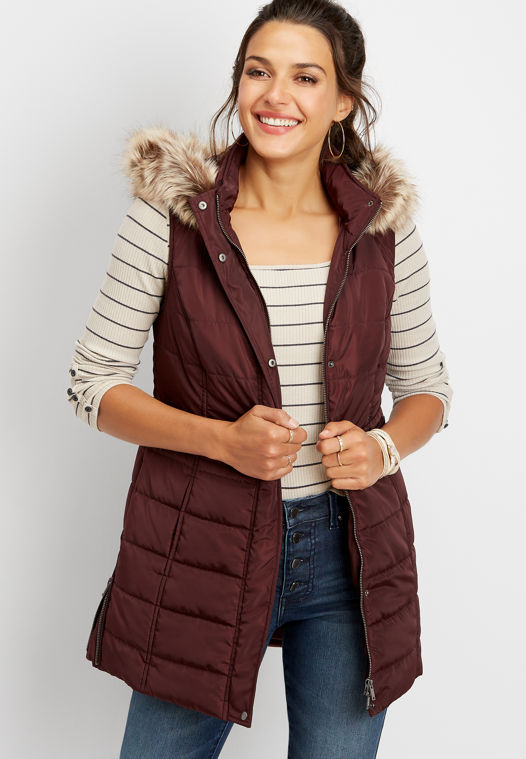 Long Puffer Vest With Hood, Burgundy Long Puffer Gilet for Women