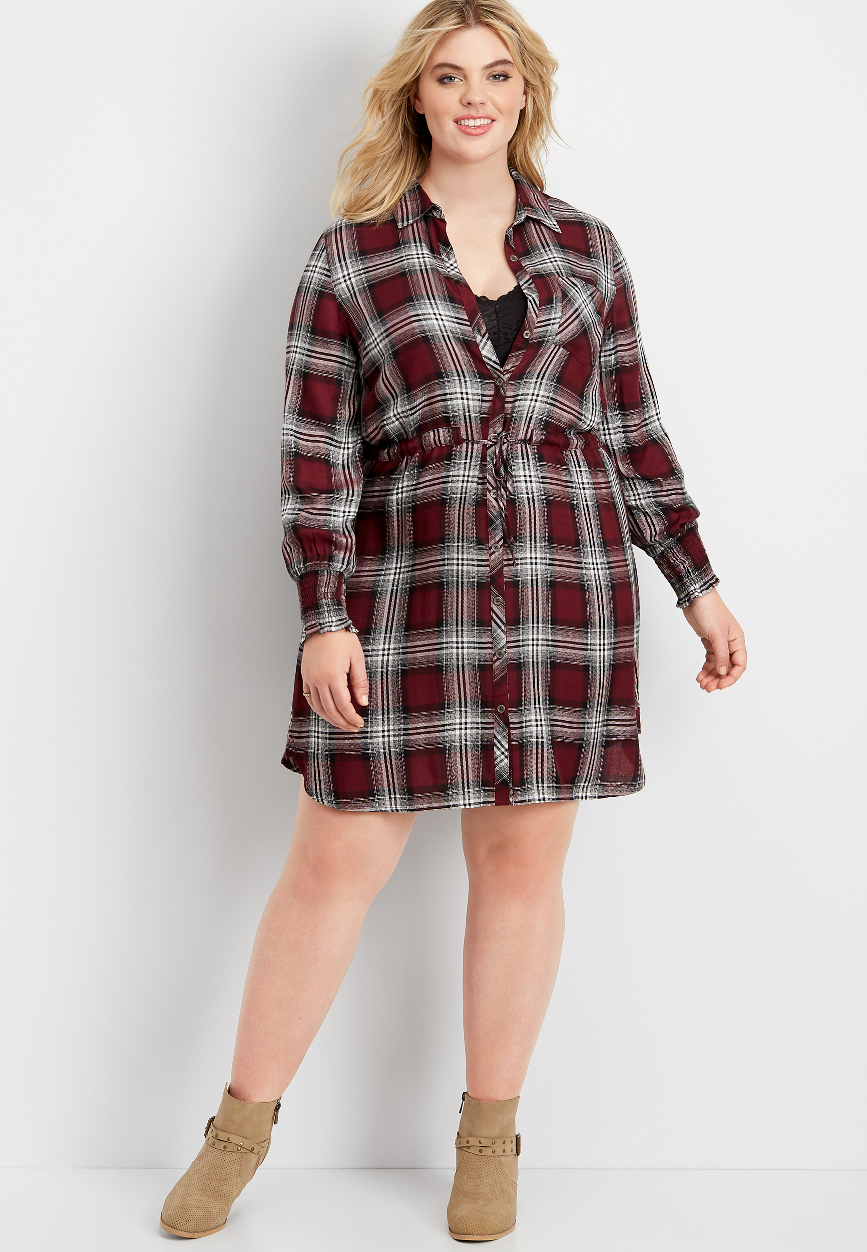 Long plaid shirt dress cheap plus size