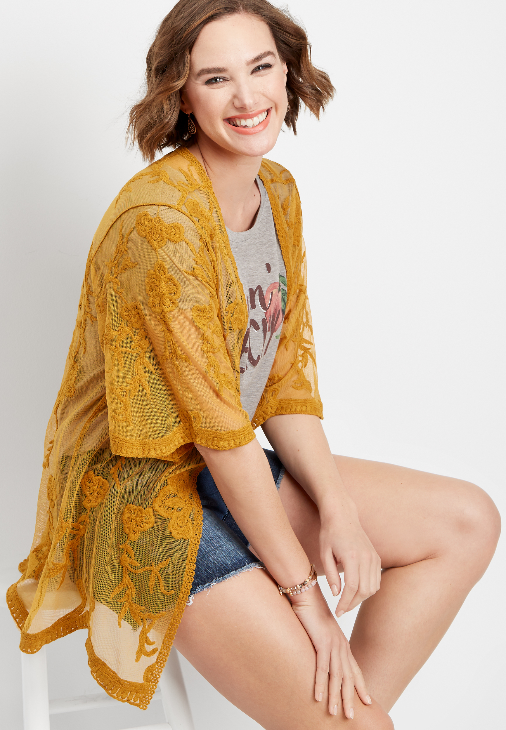 Mustard yellow lace top kimono