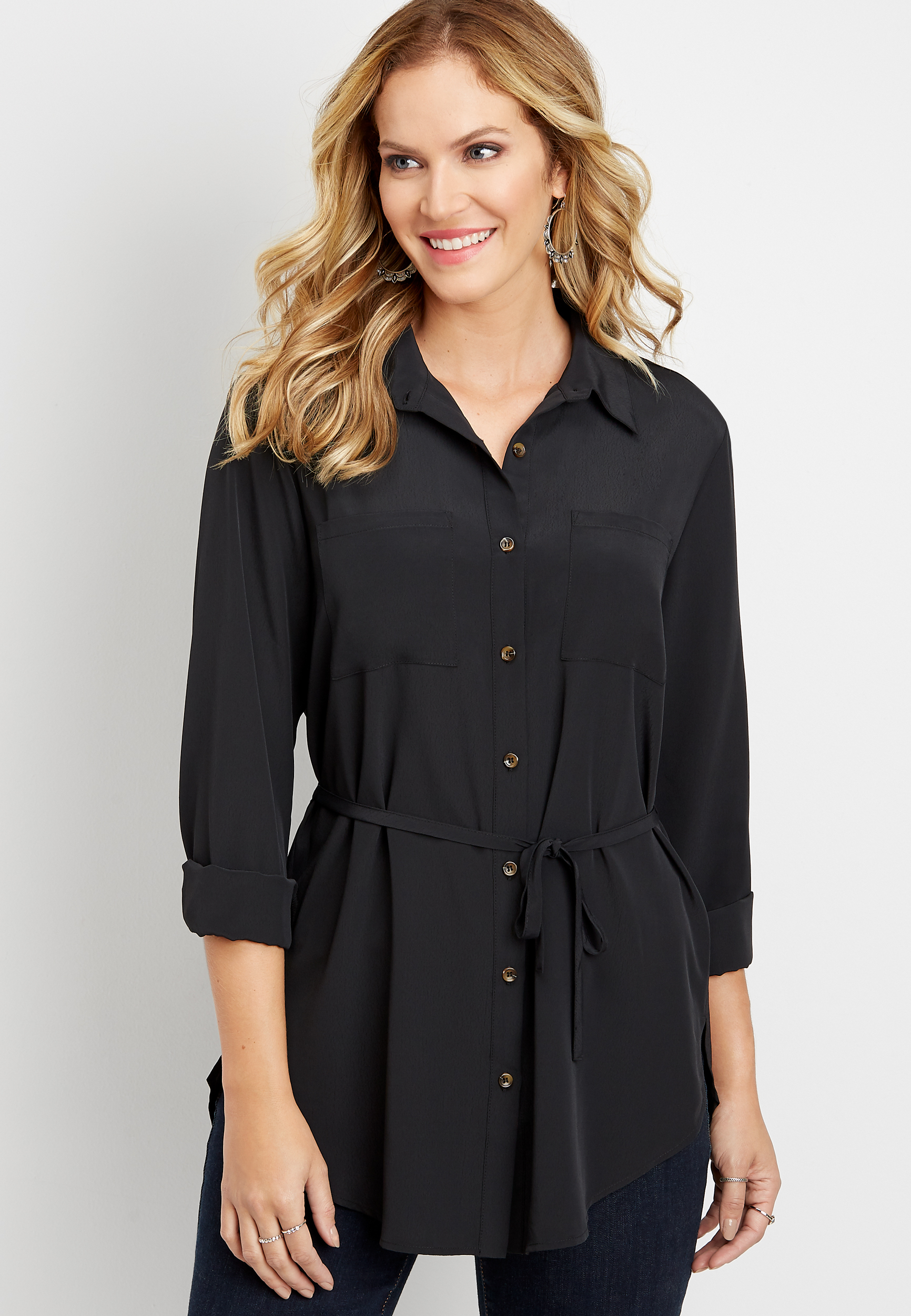 solid tie waist long sleeve tunic blouse