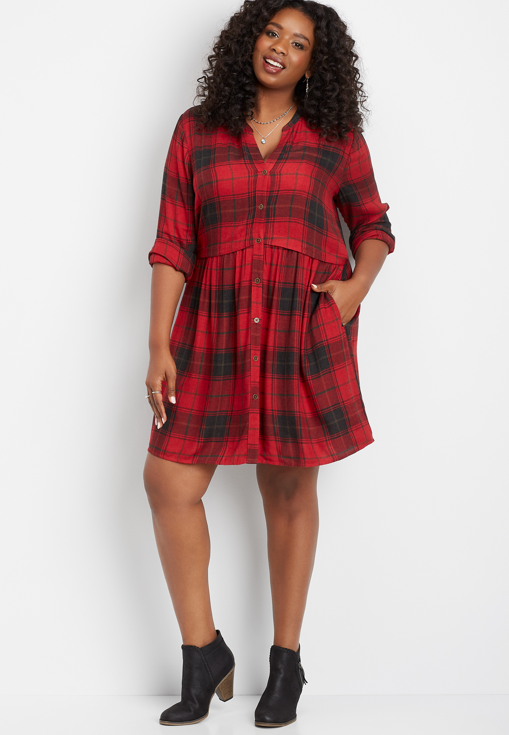 plus size plaid babydoll shirt dress ...