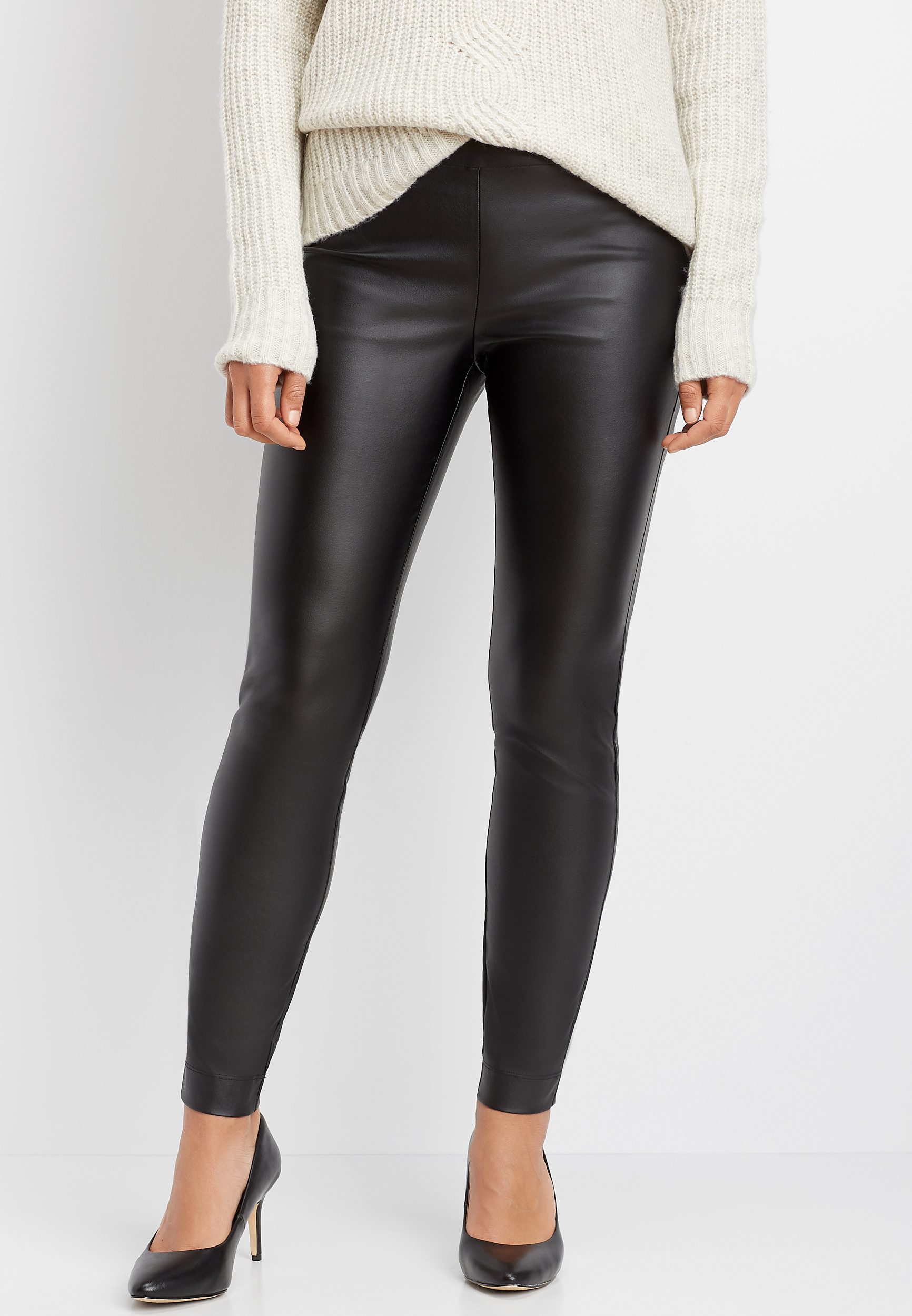 faux leather pull on bengaline skinny ankle pant