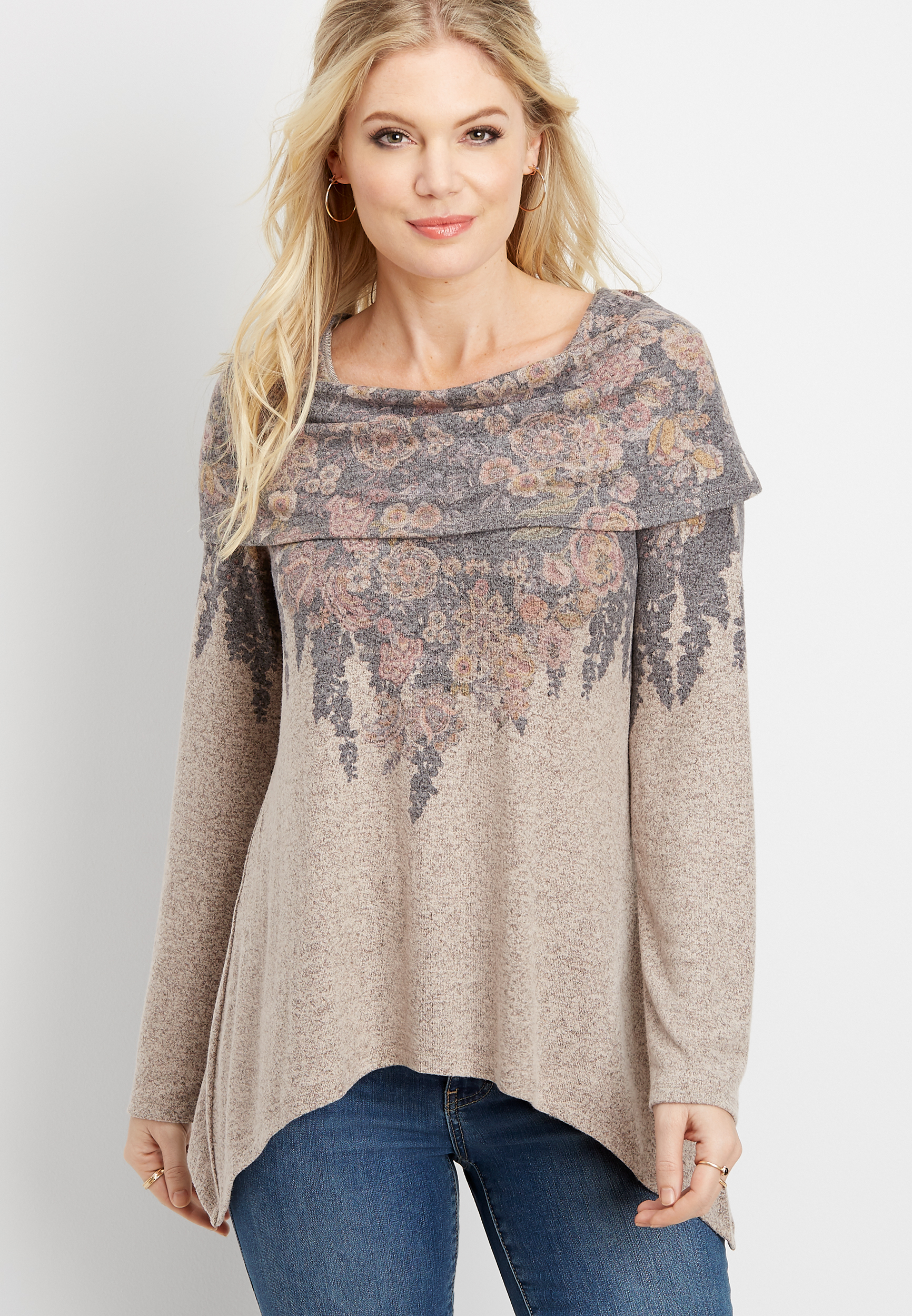 floral cowl neck tunic top