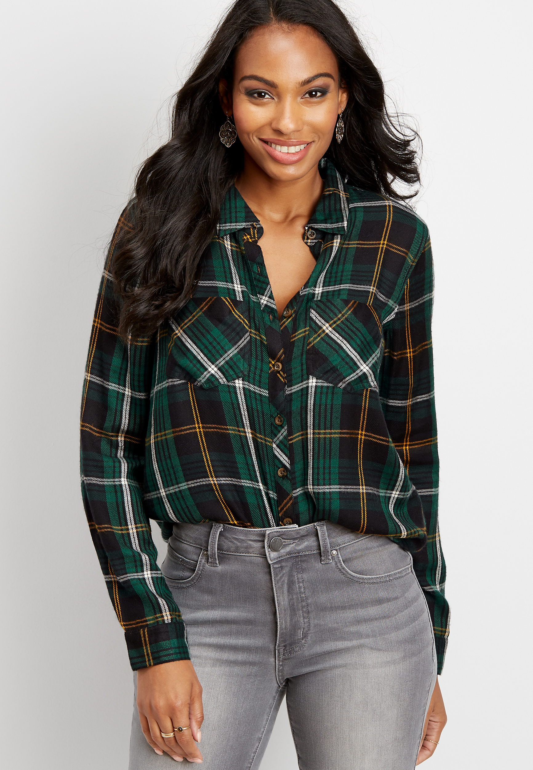Two-Tone Plaid Button Down Long Sleeve Shirt main image 1