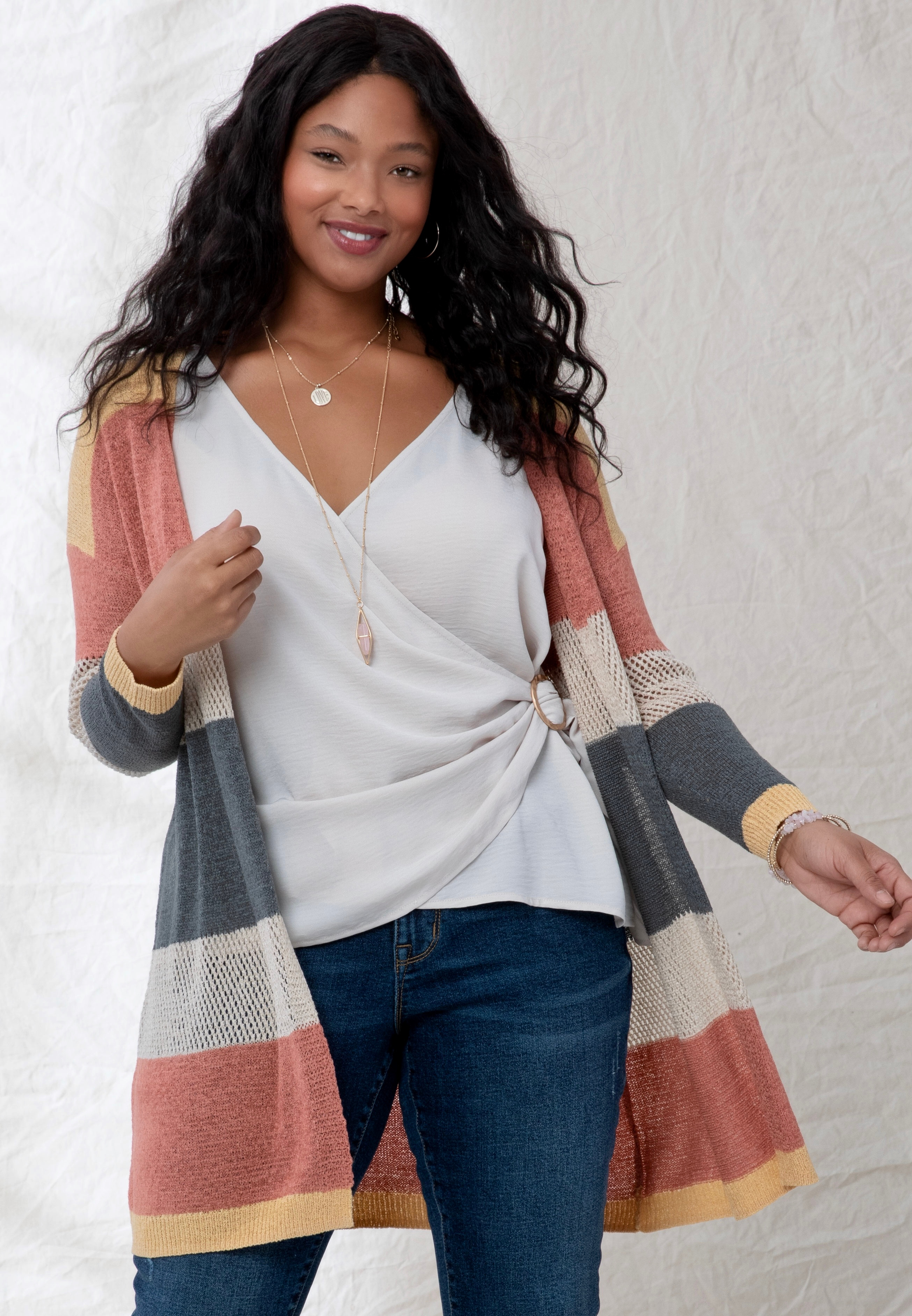 Plus Size Colorblock Open Stitch Duster Cardigan | maurices