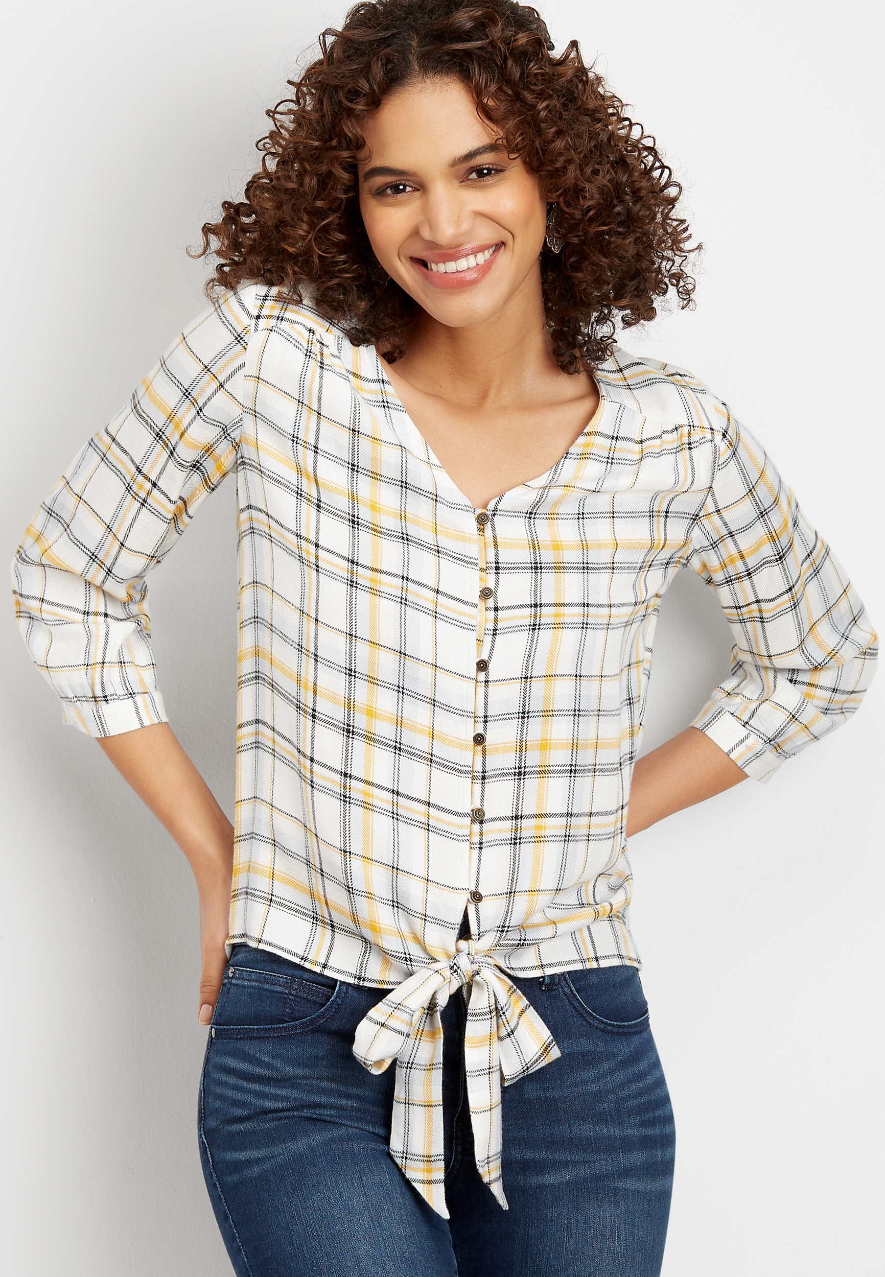 Plaid Front Tie Peasant Blouse