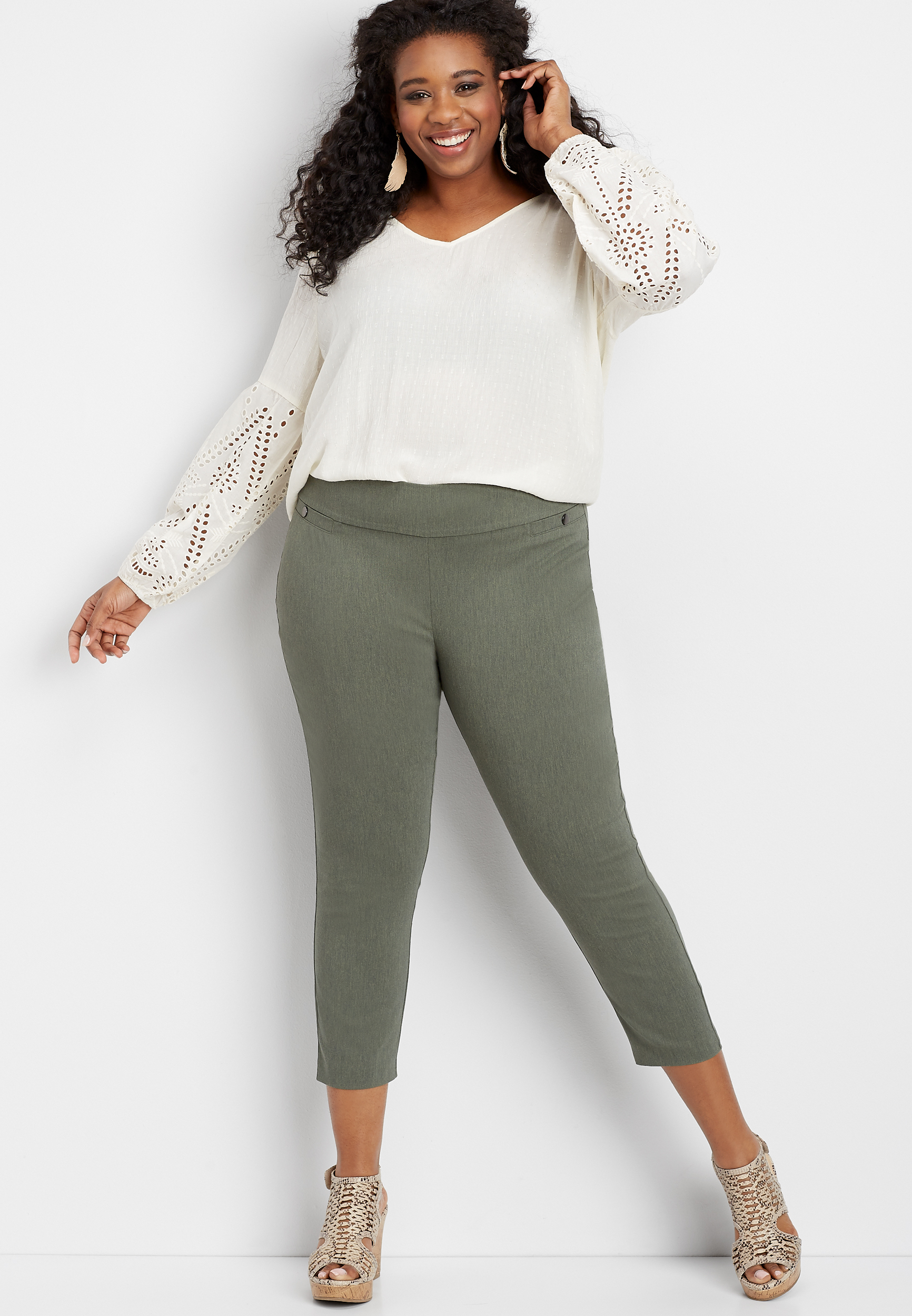 Amydus Women Plus Size Olive Tummy Tucker Crop Pants Women Green