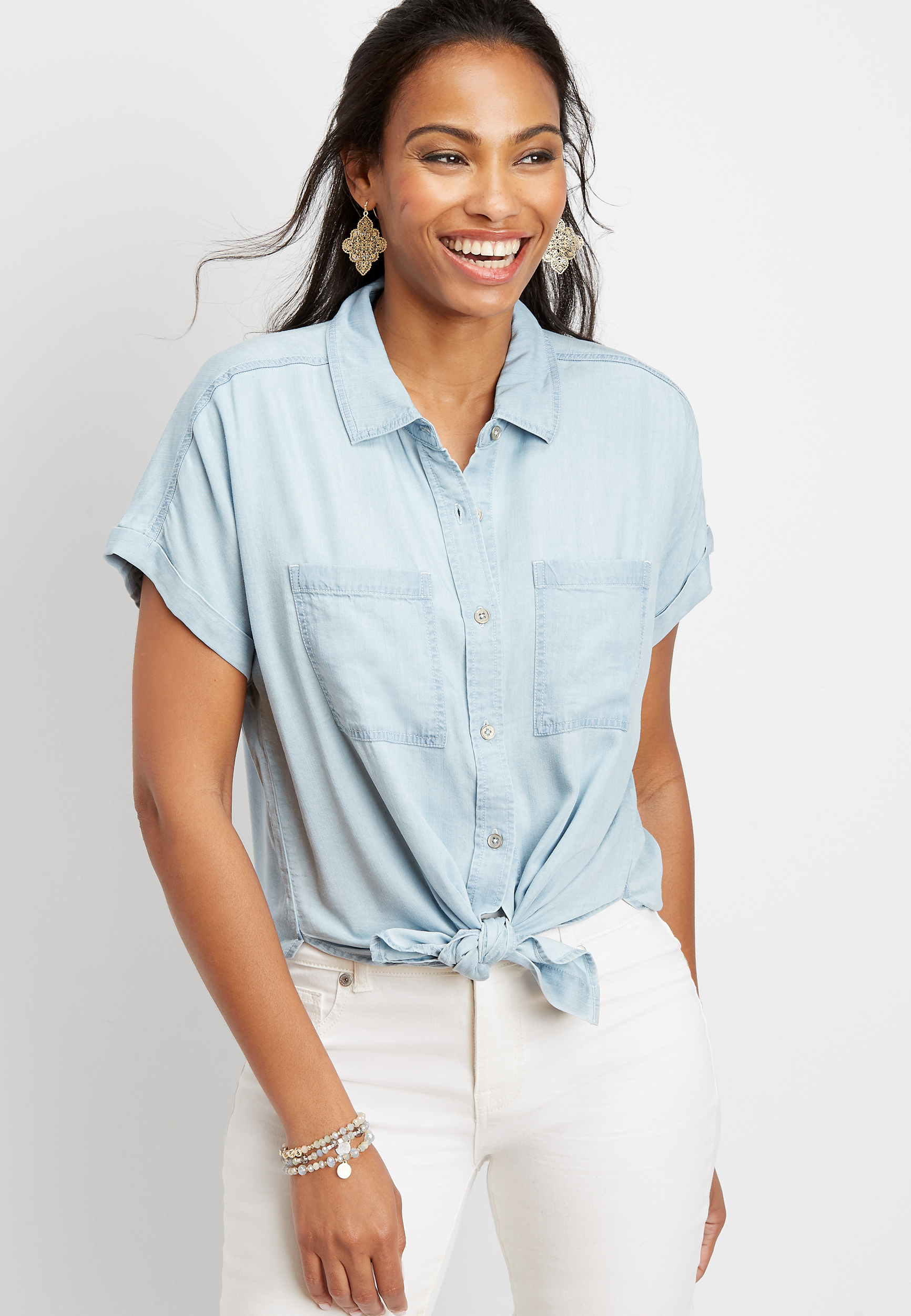 【MODERNIF】Russell Washed Denim Short Sleeve Shirt 114195_C740