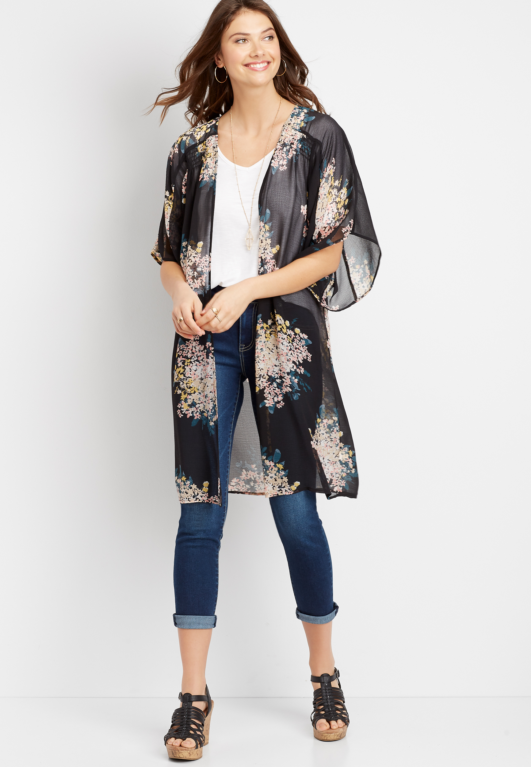 long black floral kimono