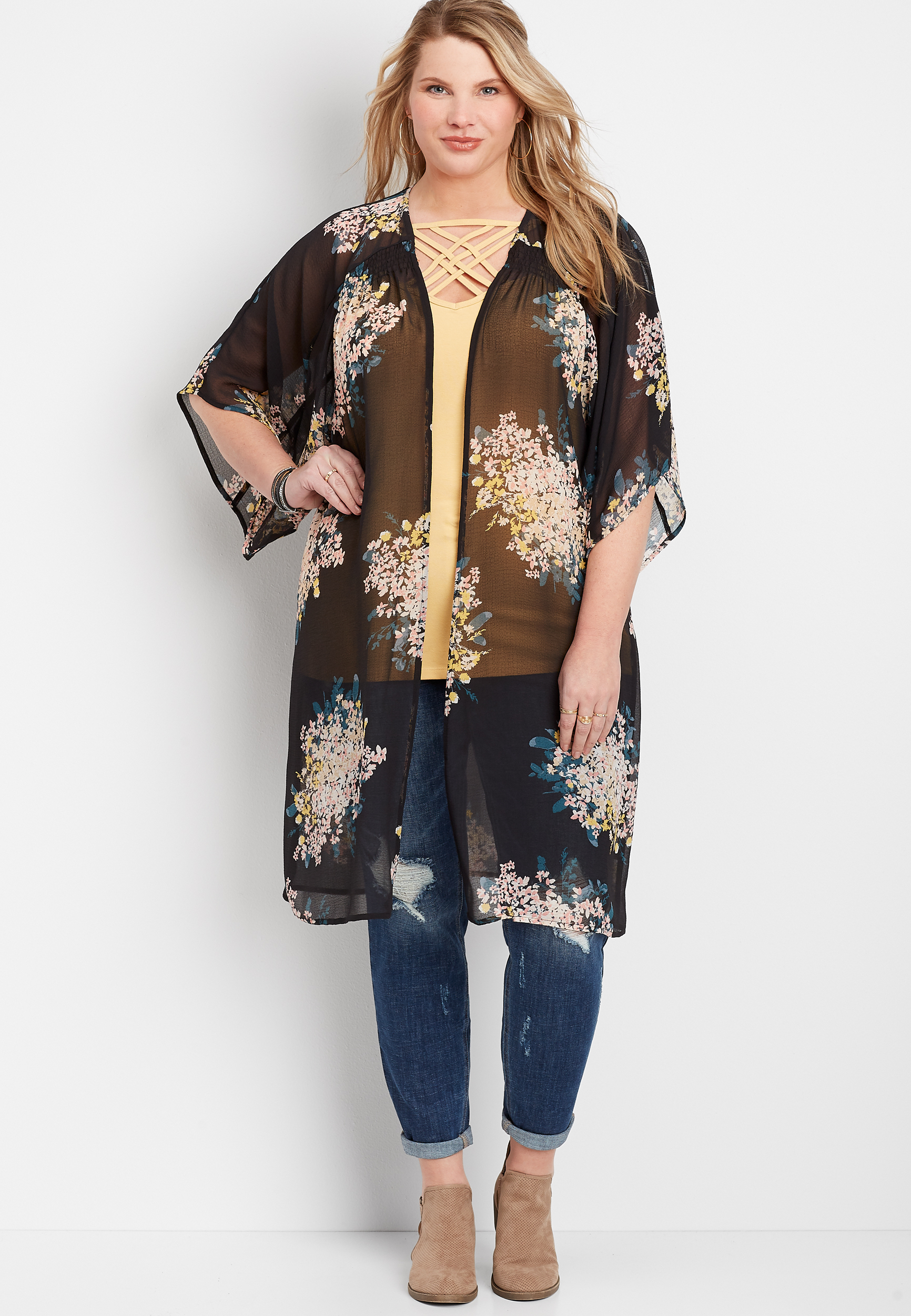plus size black floral kimono