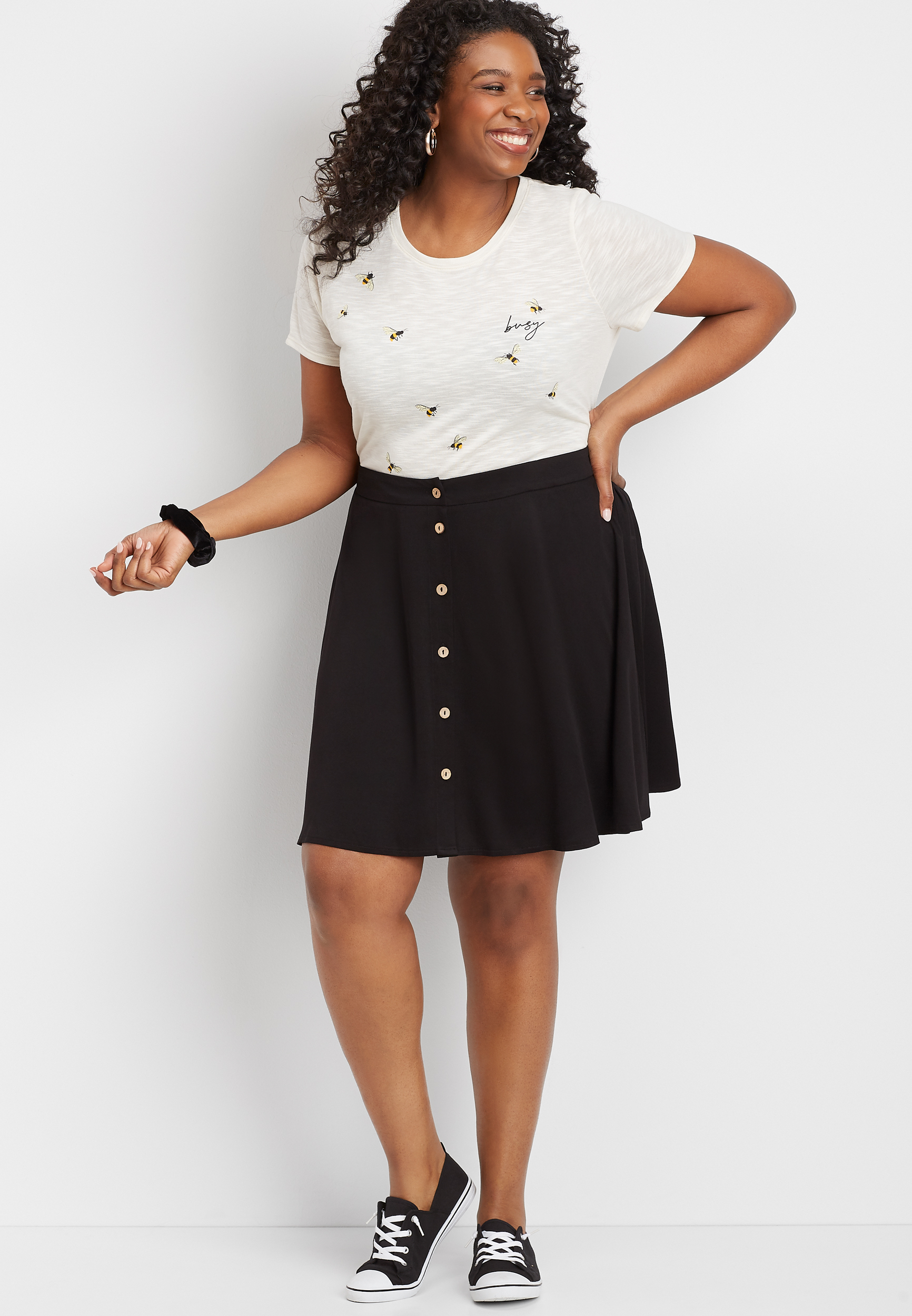 Black button skirt outfit sale