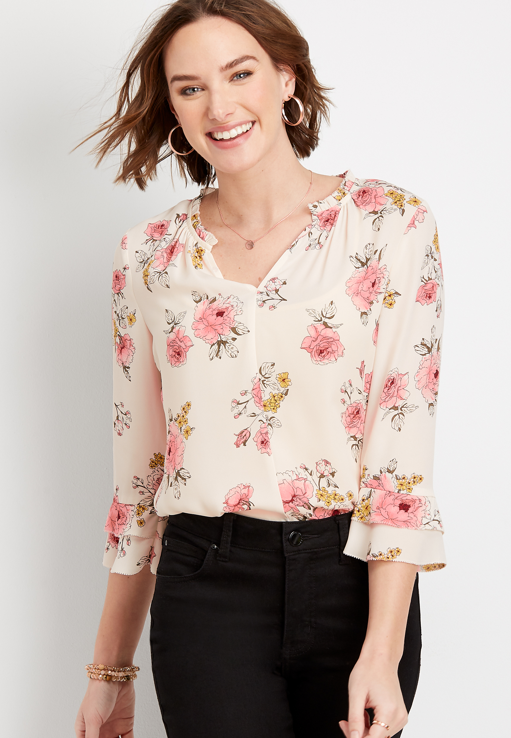 Floral Ruffle Neck Blouse | maurices