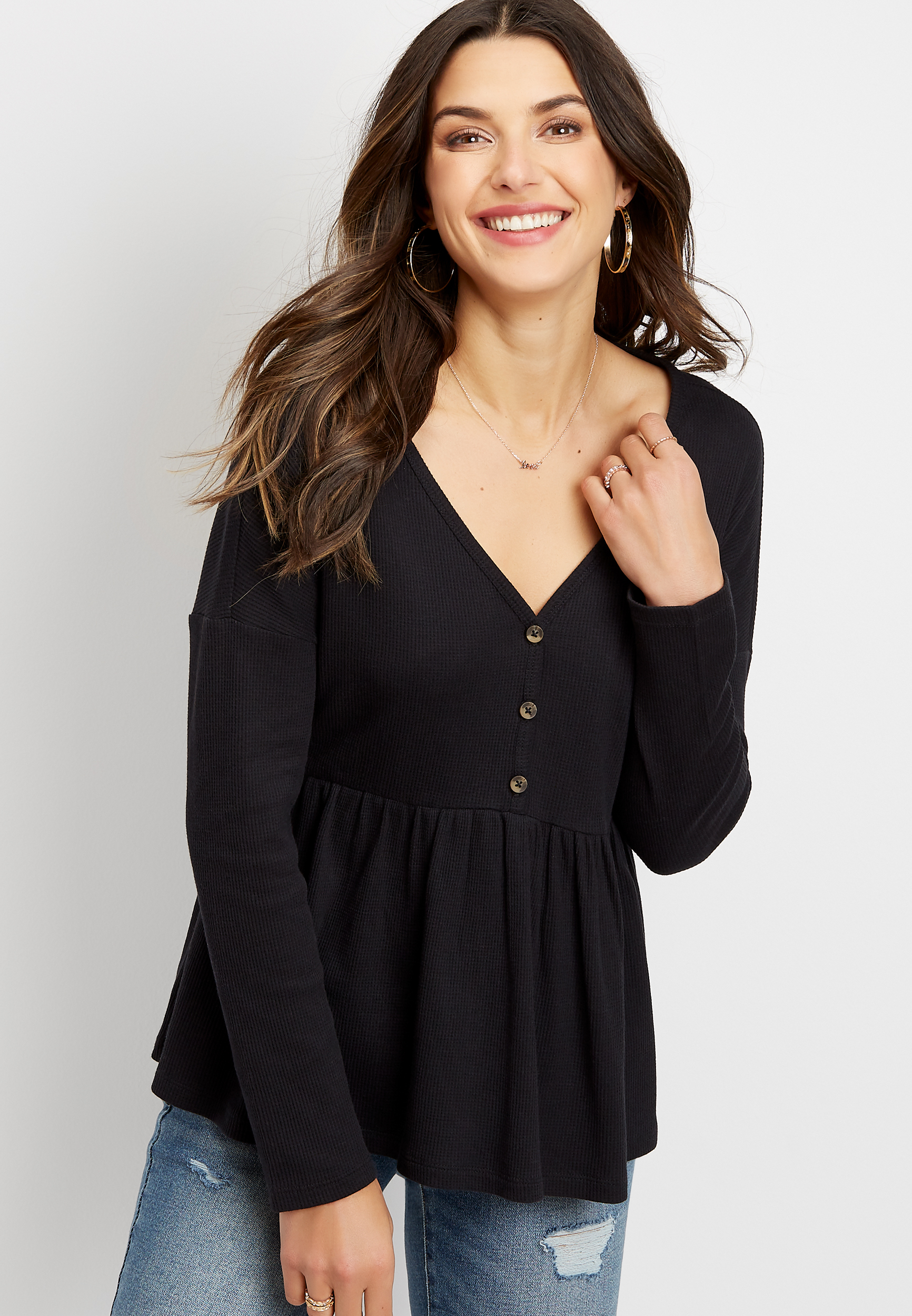 LONG SLEEVE BABYDOLL TOP in Dark Brown