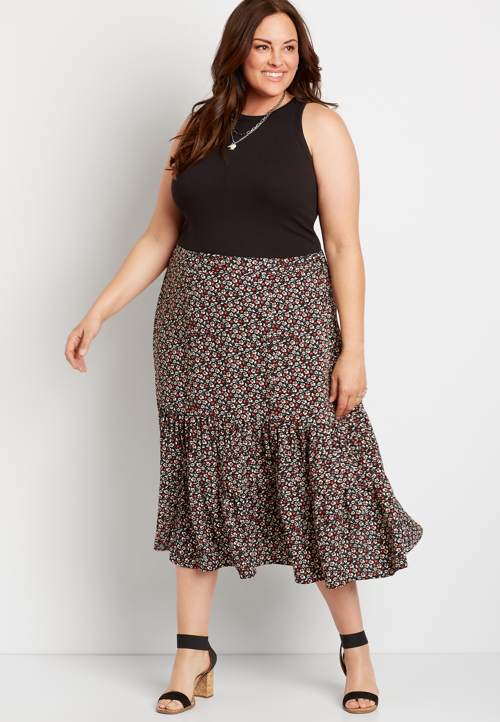 Plus Size Ditsy Floral Midi Skirt