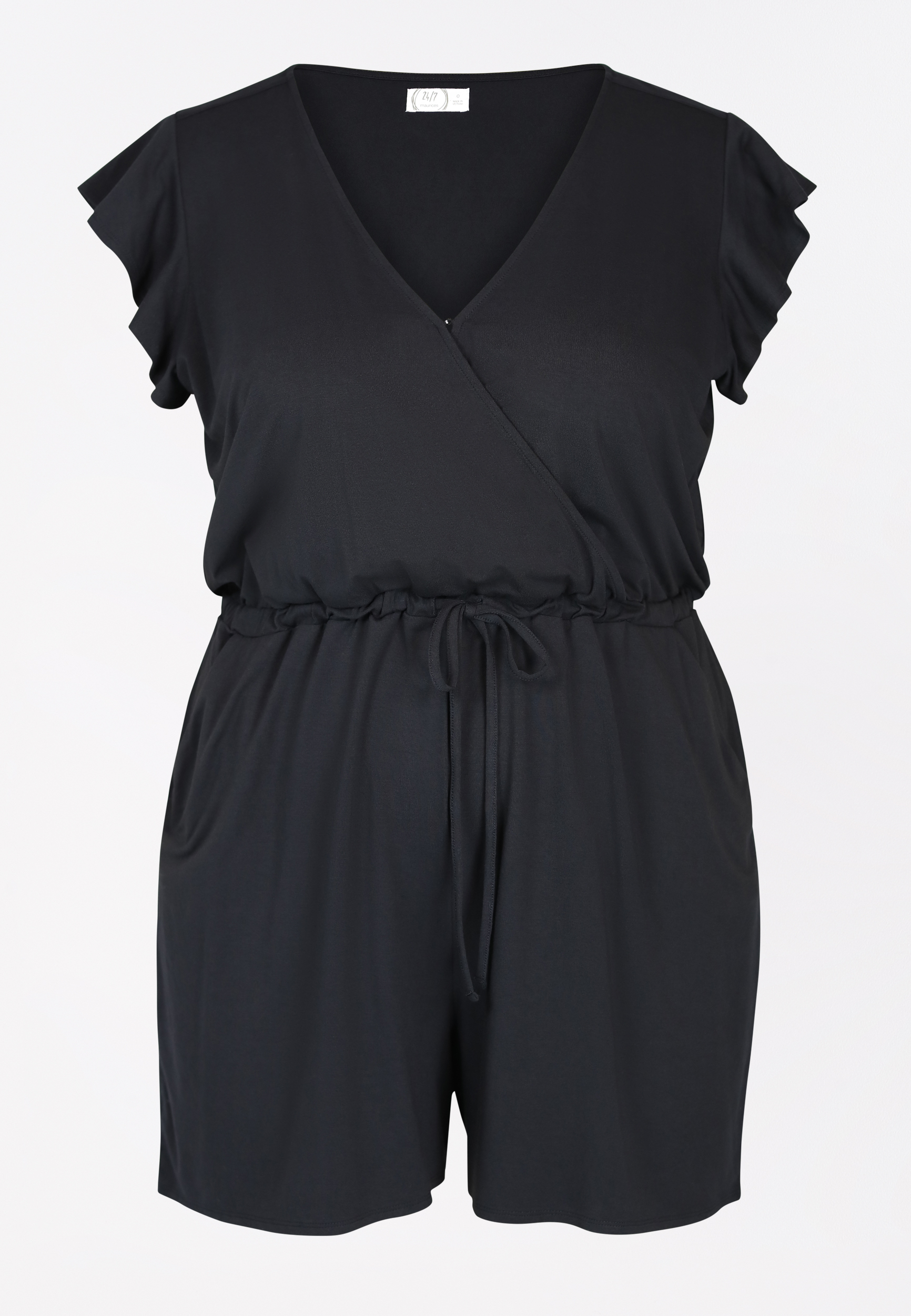 Plus Size Black V Neck Flutter Sleeve Romper | maurices