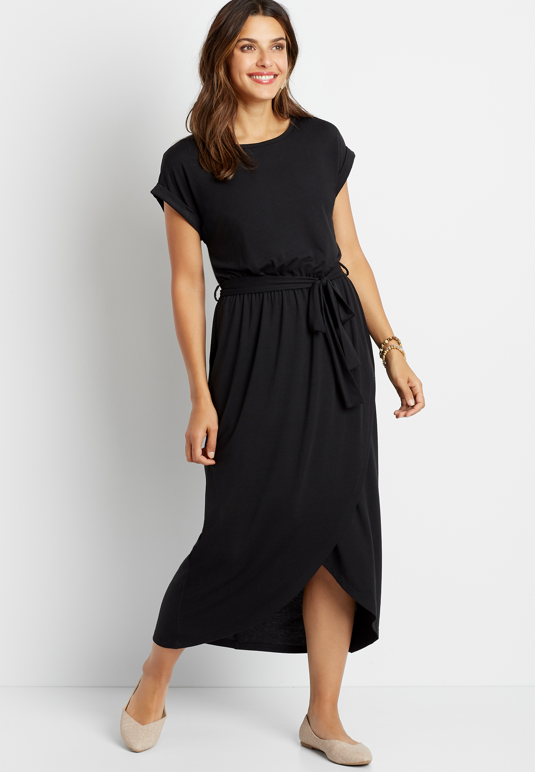 wrap black midi dress