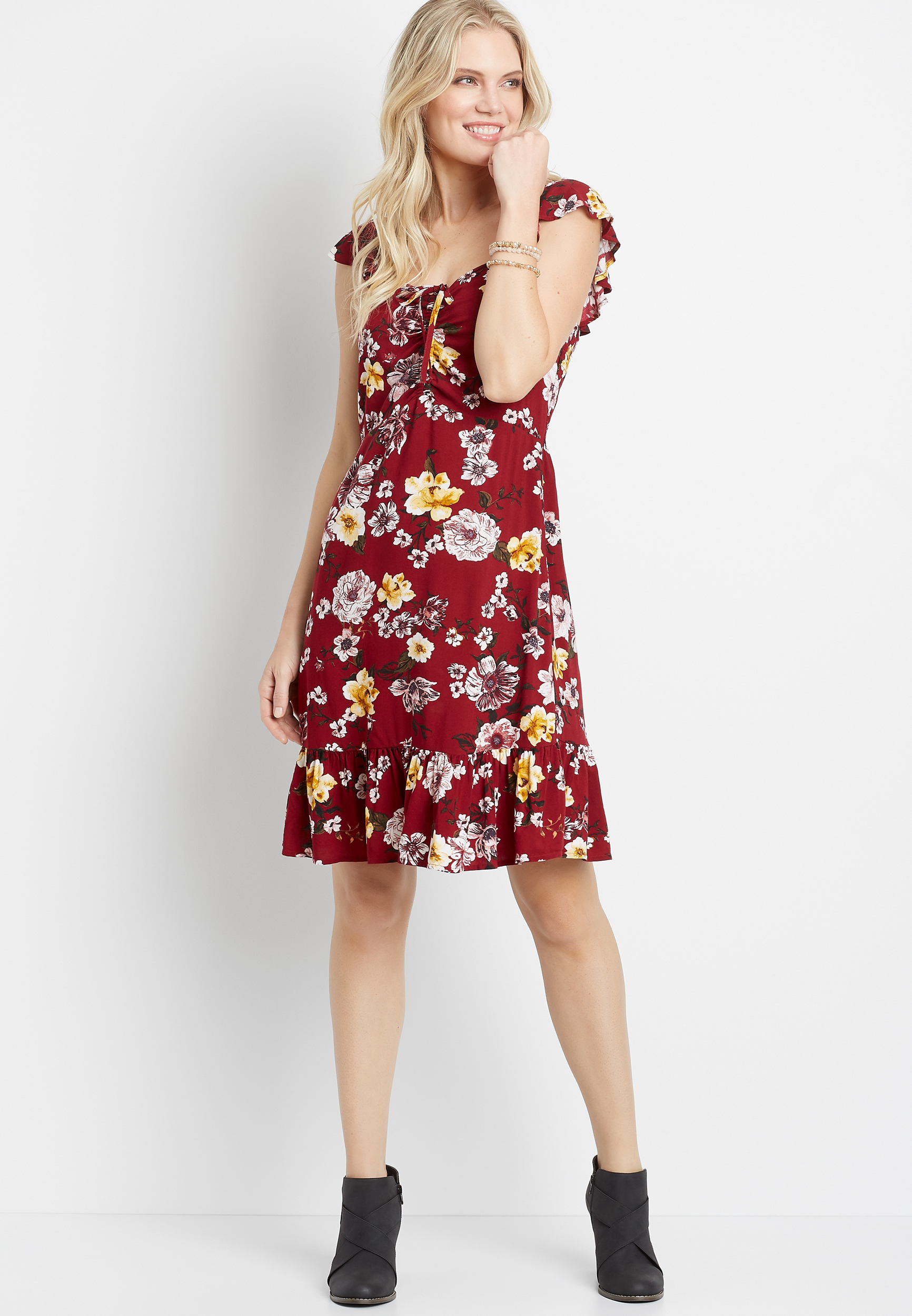 red floral day dress