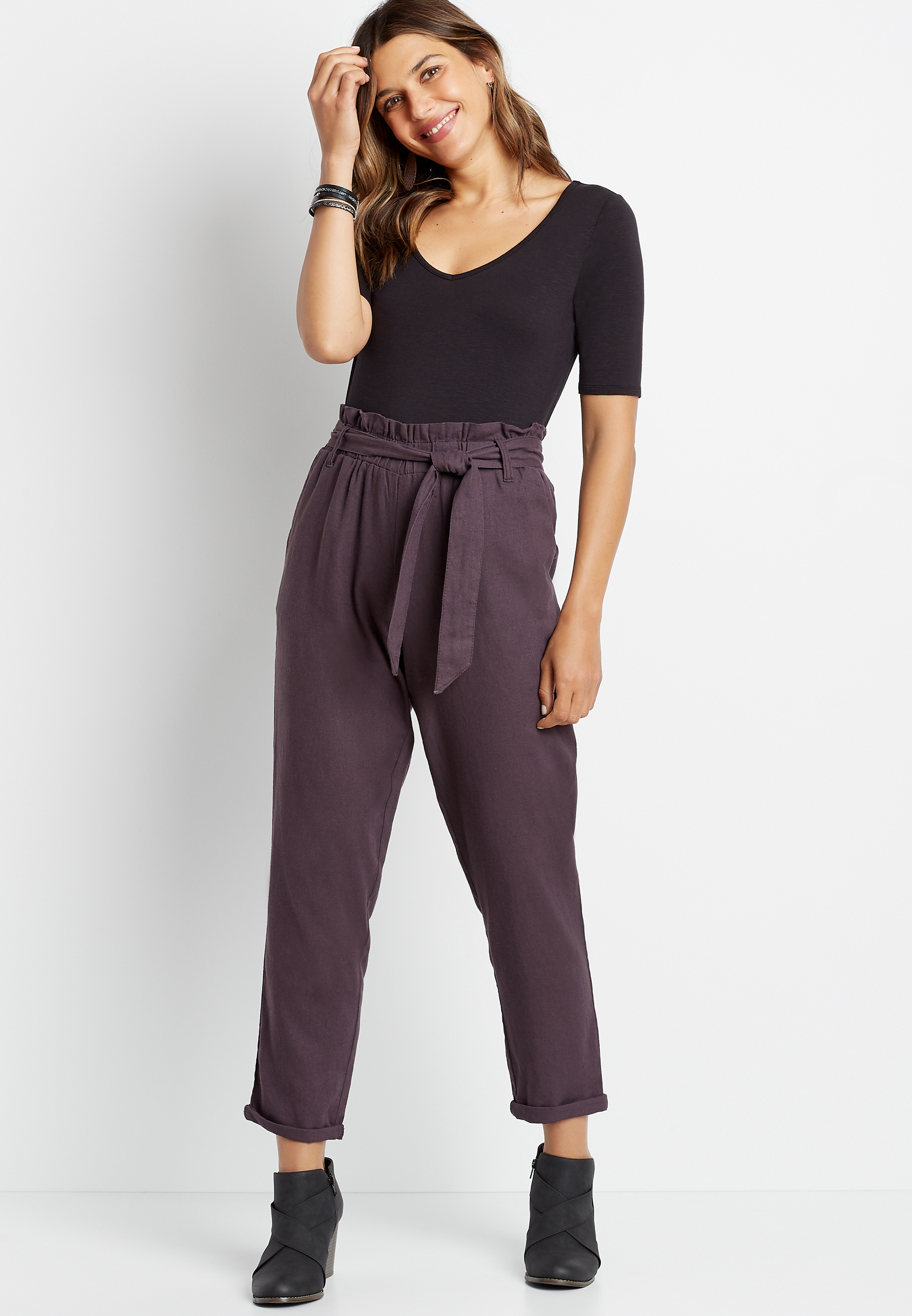 High Rise Linen Paperbag Waist Ankle Pant