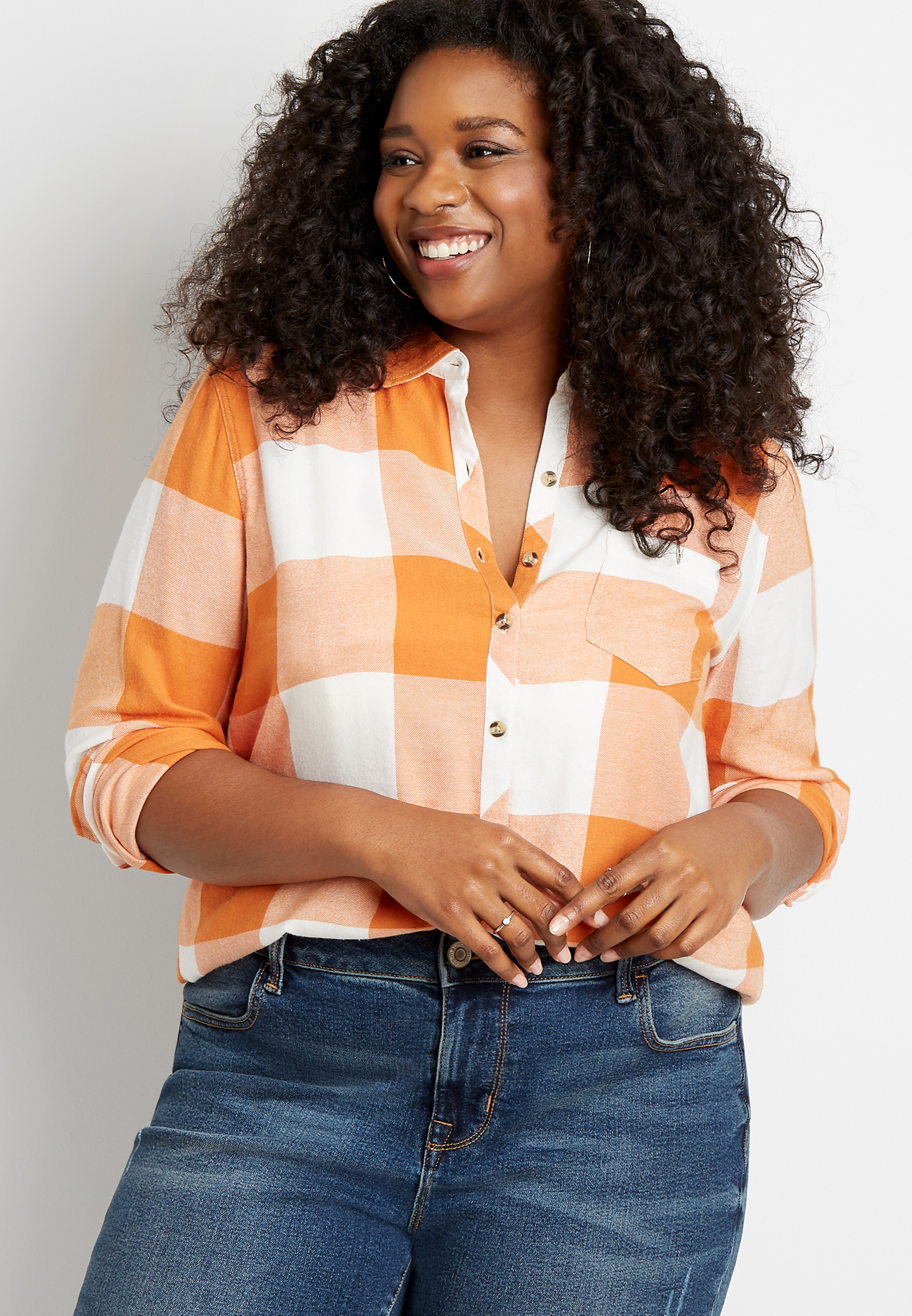 Women's Plus Size Orange Plaid Long Sleeve Shirt