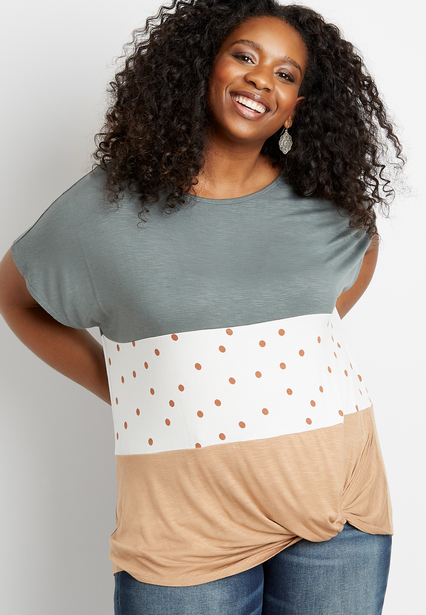Plus Size 24/7 Polka Dot Colorblock Knot Hem Tee | maurices