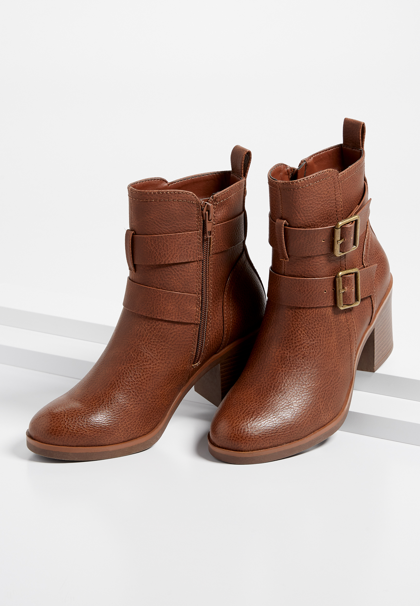 double buckle side zipper wedge boots