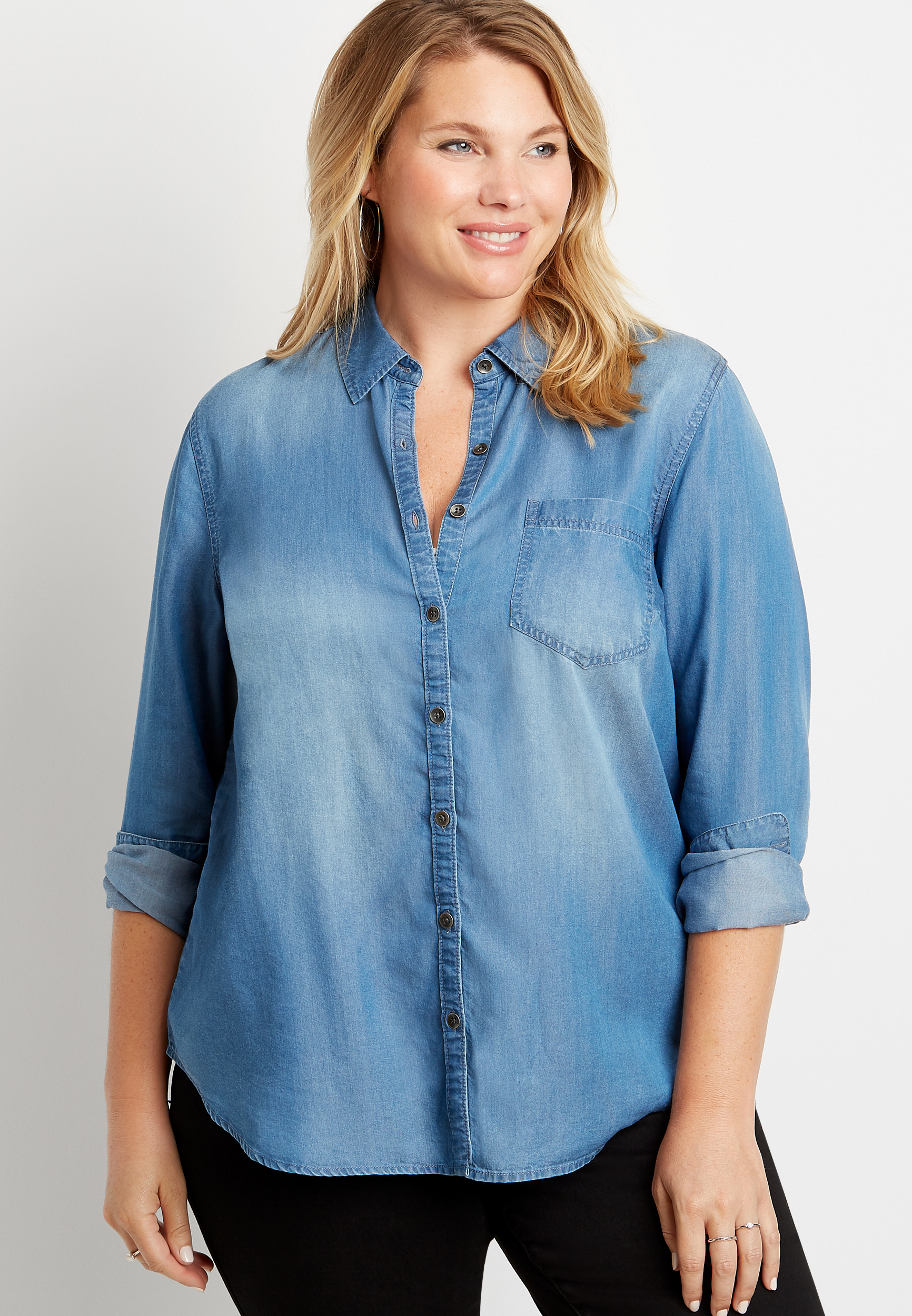 Plus Size Light Denim Button Down Long Sleeve Shirt | maurices