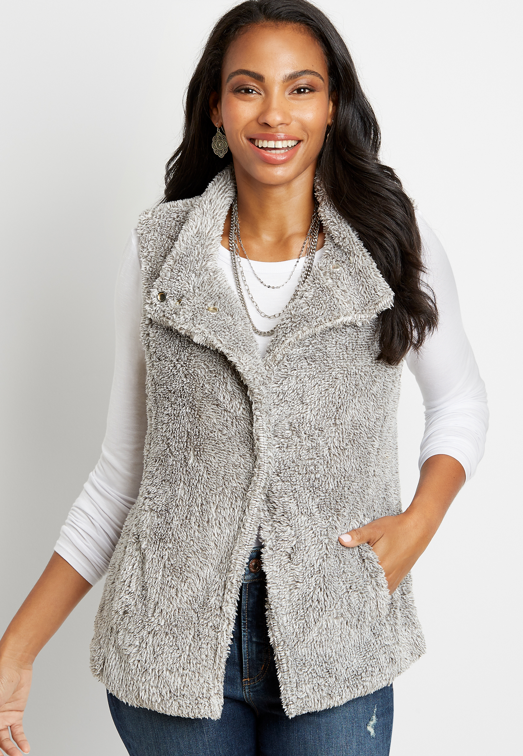 Gray Asymmetrical Open Front Sherpa Vest | maurices