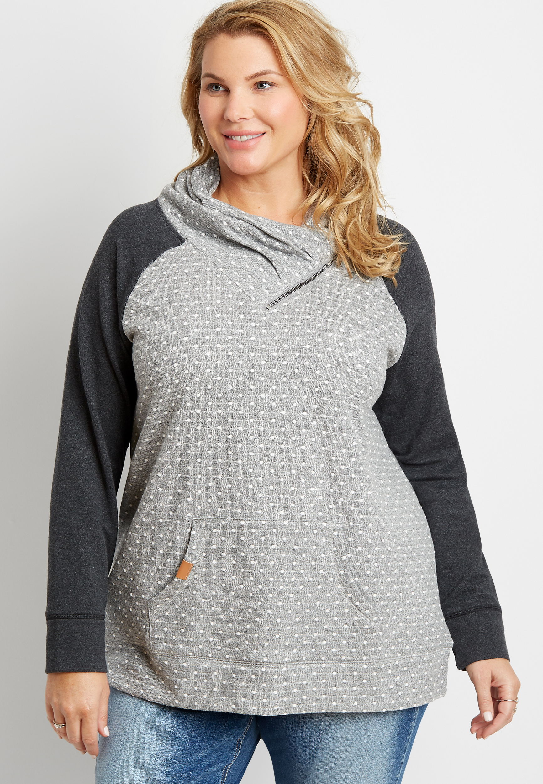 Plus Size Gray Polka Dot Zipper Cowl Neck Pullover Sweatshirt