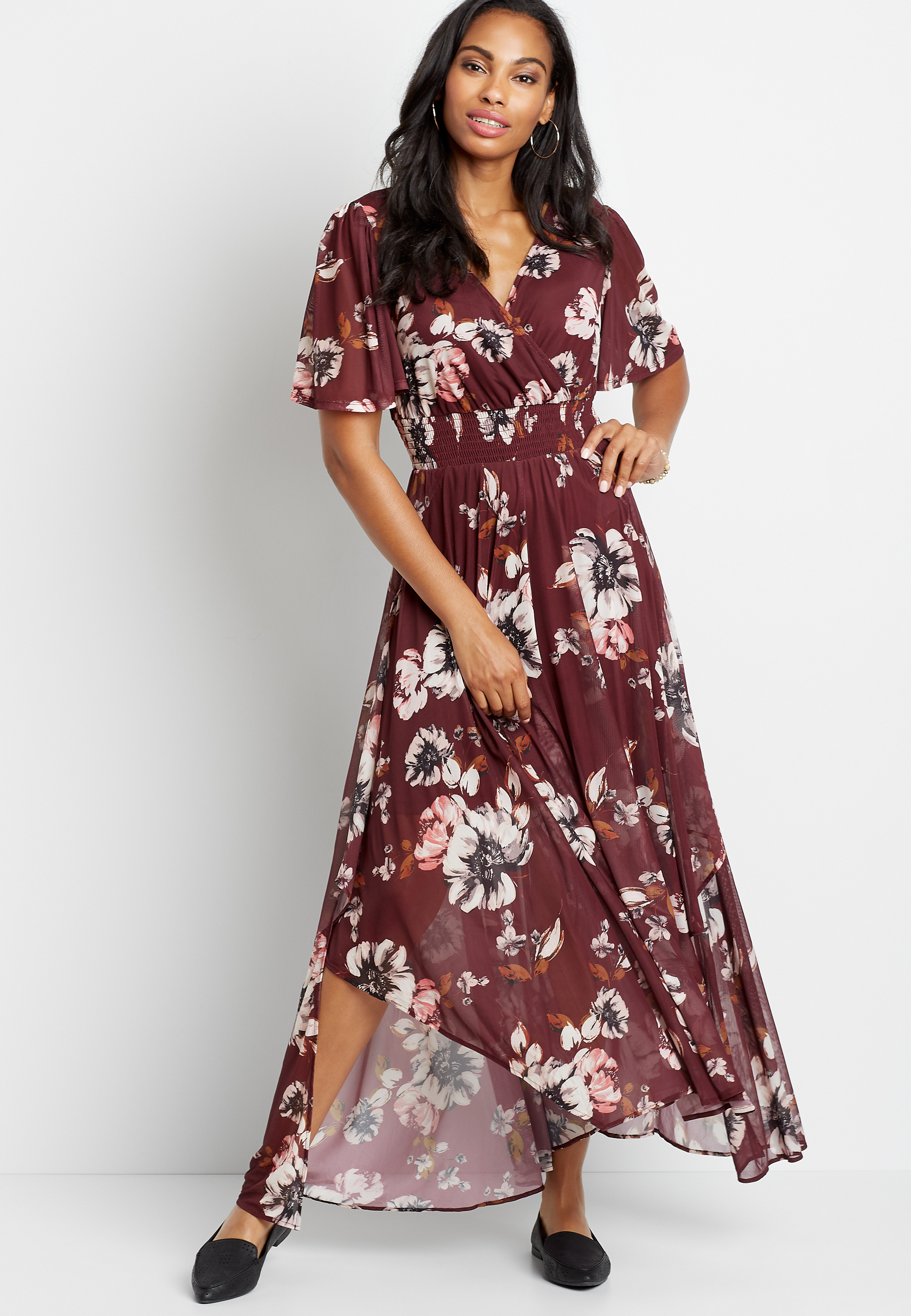 Berry Floral Smocked Waist Maxi Dress ...