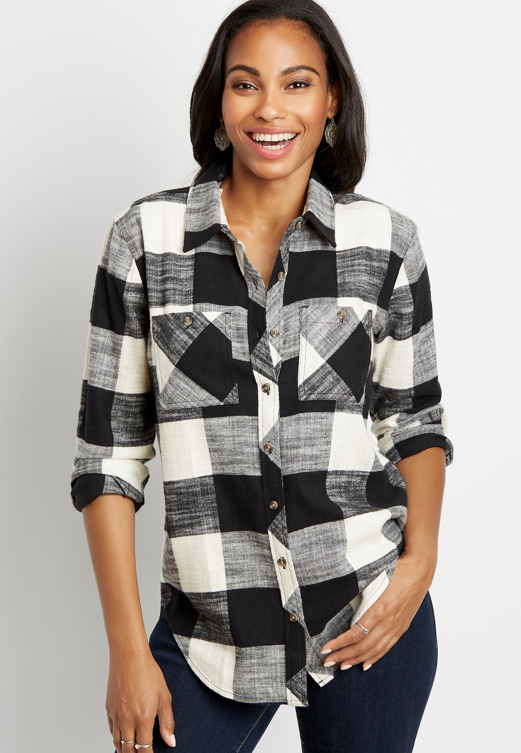 Black WOMEN Long Sleeve Check Print Flannel Shirt 2409342