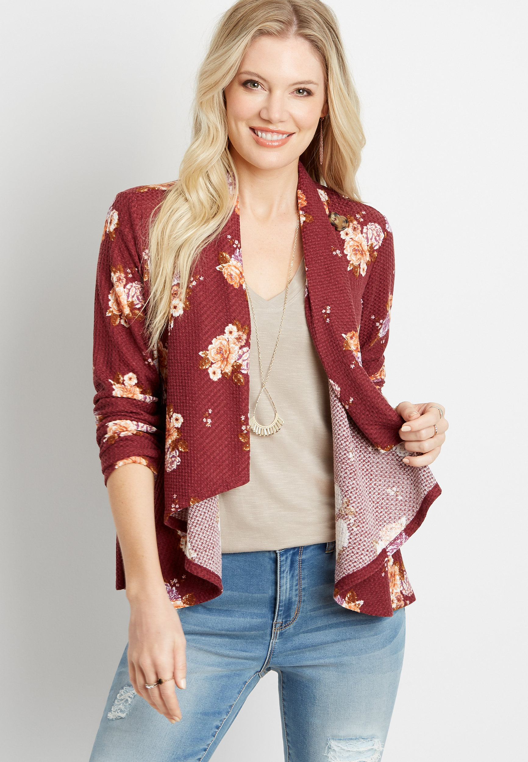 Red Floral Asymmetrical Cardigan