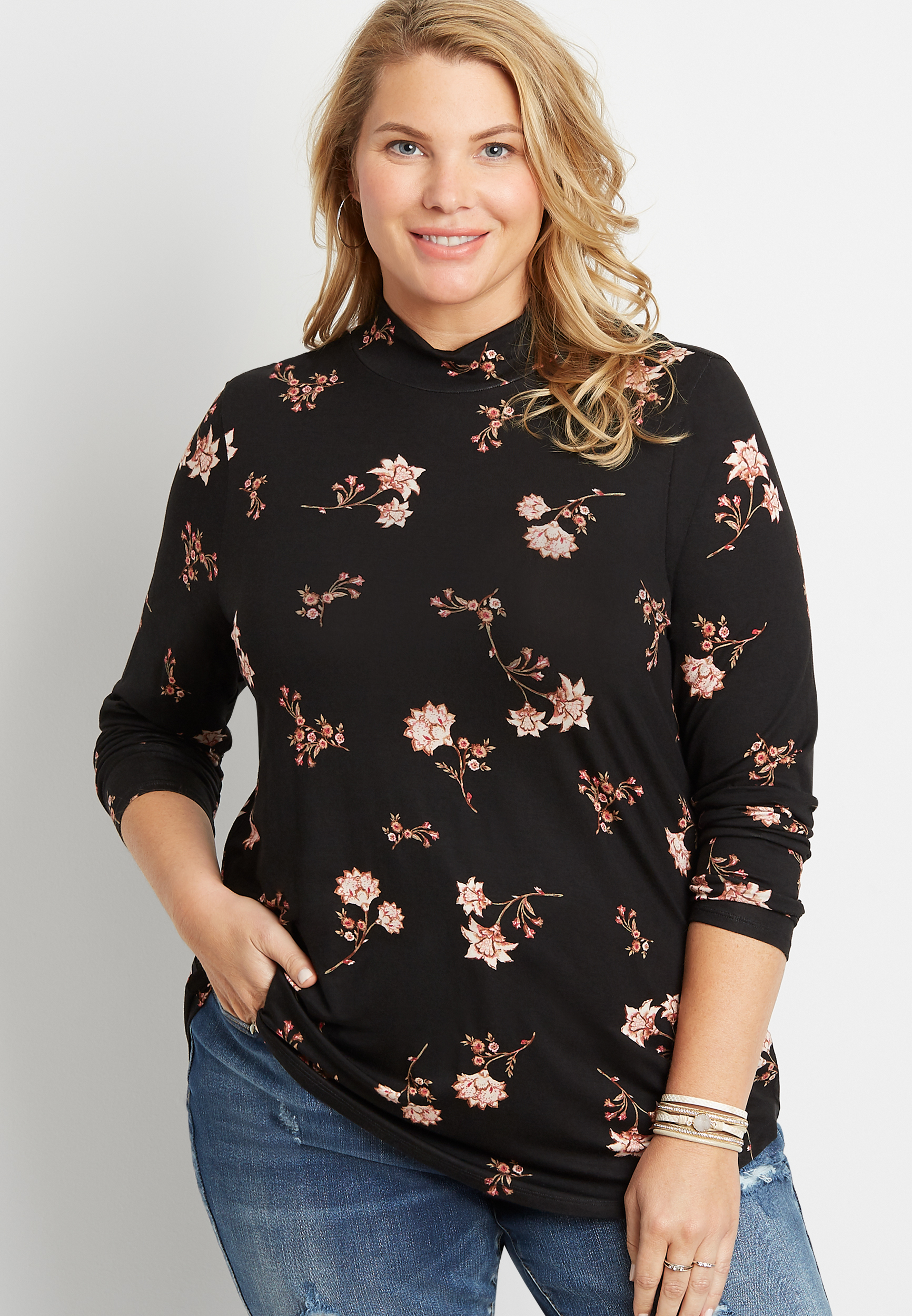 Plus Size 24/7 Black Floral Mock Neck Long Sleeve Tee | maurices