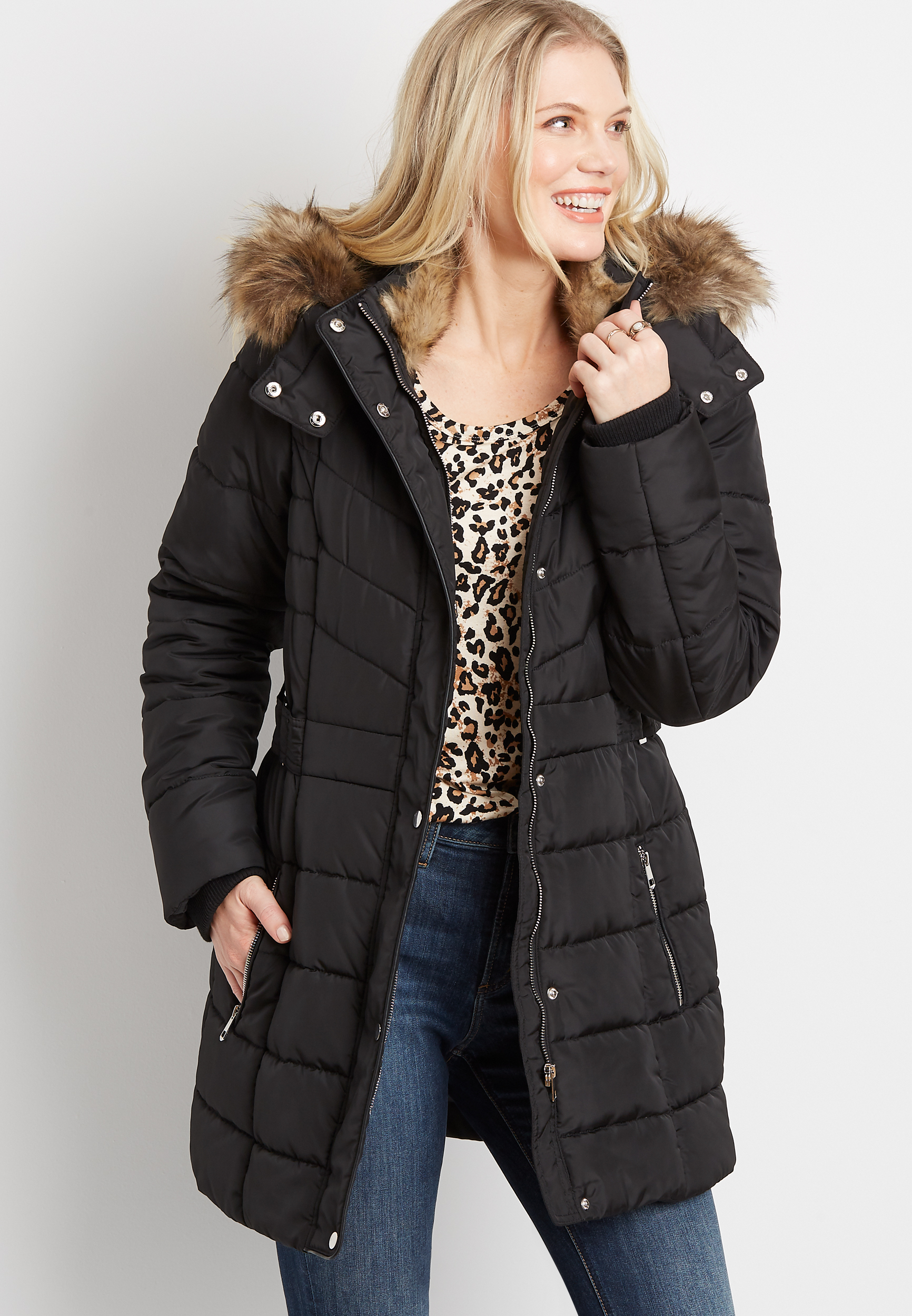 Fur trim hooded outlet puffer jacket