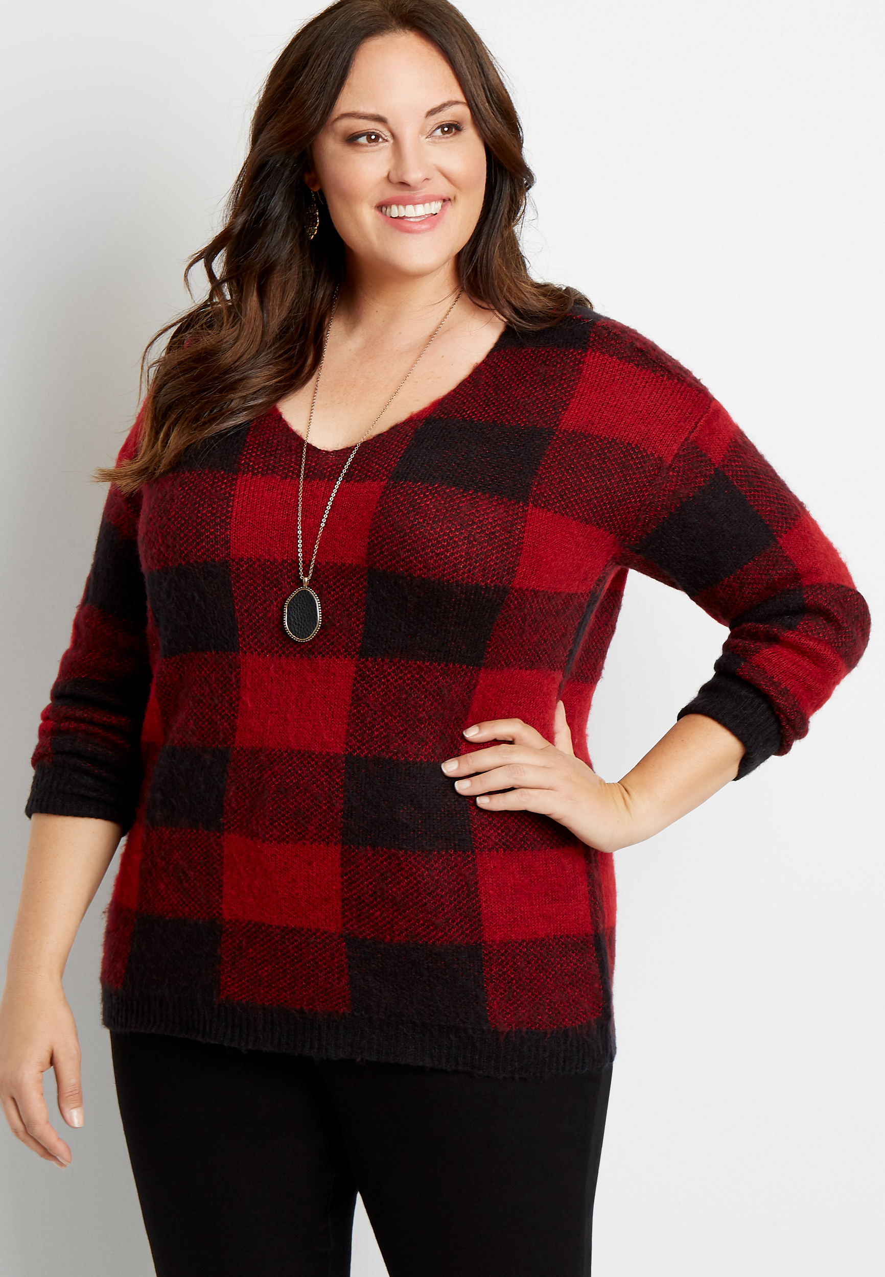 Plus Size Buffalo Plaid V Neck Pullover Sweater maurices