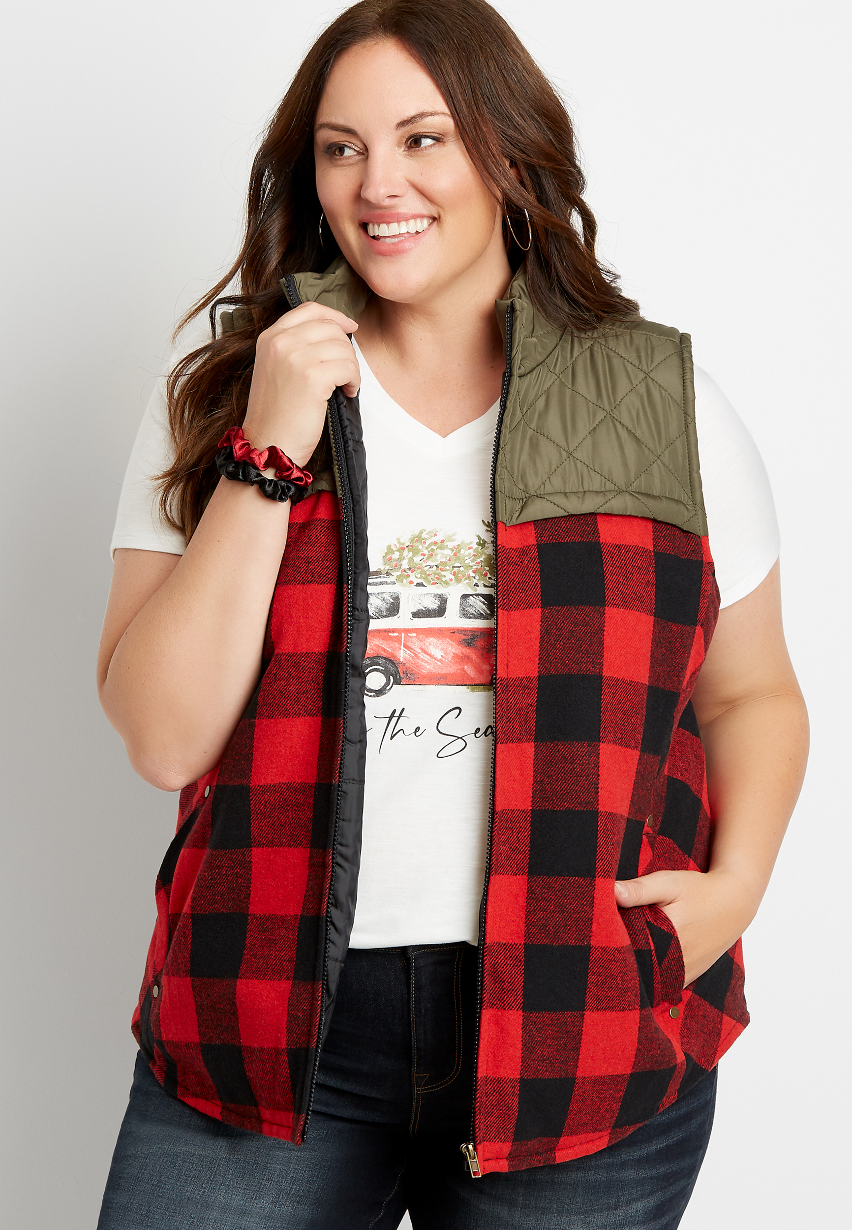 red buffalo plaid puffer vest