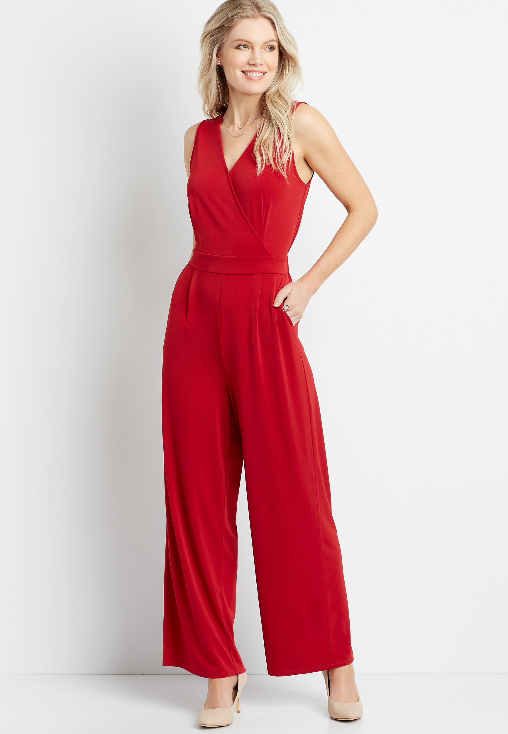 Red jumpsuit store with pockets