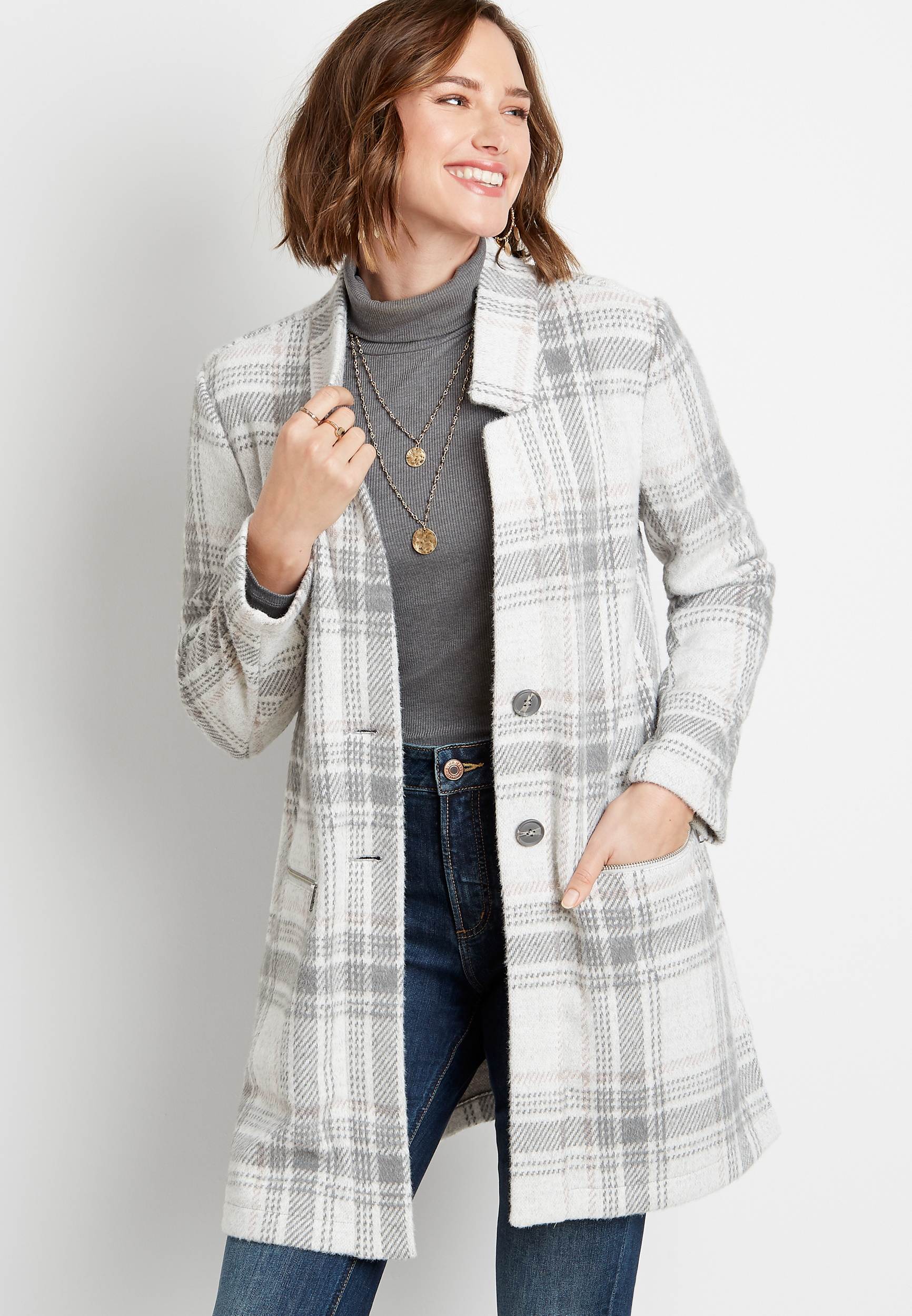 Plus Size Gray Plaid 2024 Button Front Cardigan Coat