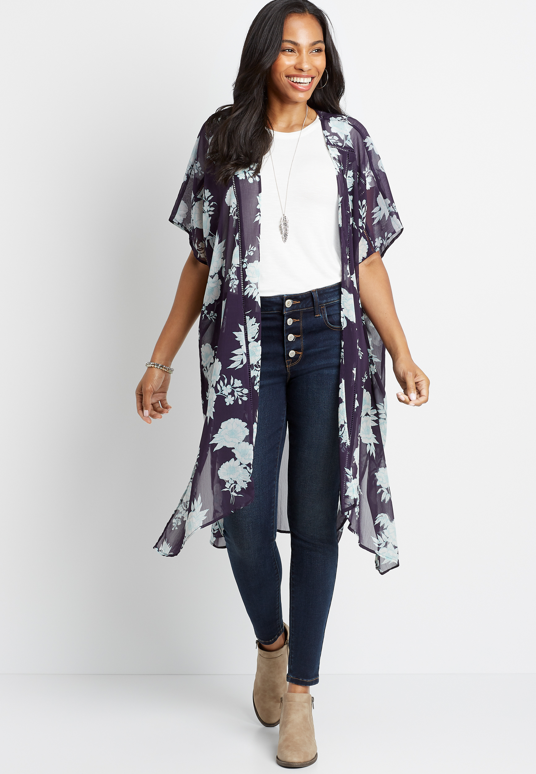 Navy Blue Floral Chiffon Kimono