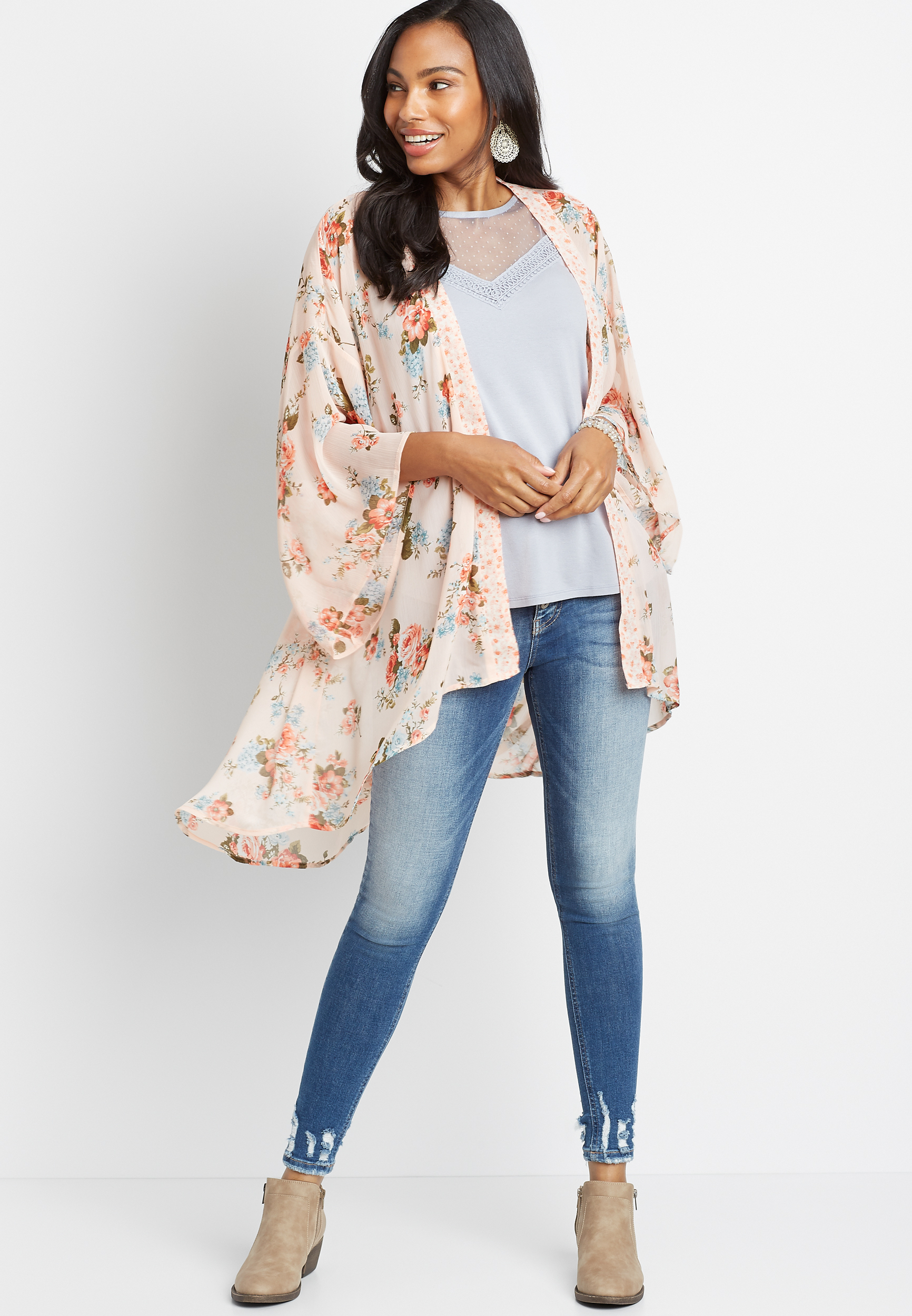 White Floral Open Front Kimono | maurices