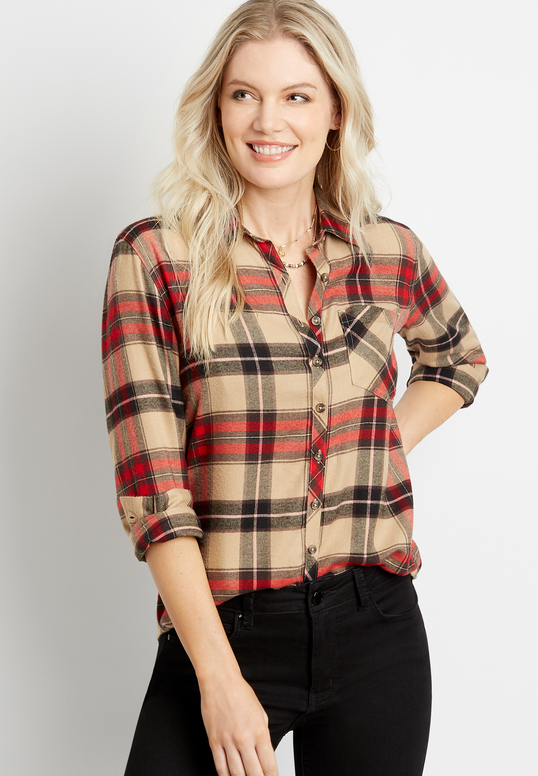 Khaki Plaid Super Soft Button Down Shirt Maurices